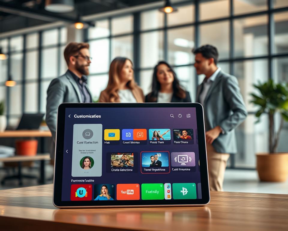 A modern customization interface for a streaming application, showcasing a sleek and intuitive design. In the foreground, display a tablet screen with a vibrant user interface featuring customizable options such as color themes, channel selections, and personalized recommendations. The middle ground includes a diverse group of three professionals, dressed in smart casual attire, collaborating and discussing the interface's features, with an air of enthusiasm and modernity. The background features a stylish, contemporary office space with soft, natural lighting filtering through large windows, creating a warm and inviting atmosphere. The scene captures the essence of user-friendly technology, highlighting personalization and enhanced user experience in streaming services. A modern customization interface for a streaming application, showcasing a sleek and intuitive design. In the foreground, display a tablet screen with a vibrant user interface featuring customizable options such as color themes, channel selections, and personalized recommendations. The middle ground includes a diverse group of three professionals, dressed in smart casual attire, collaborating and discussing the interface's features, with an air of enthusiasm and modernity. The background features a stylish, contemporary office space with soft, natural lighting filtering through large windows, creating a warm and inviting atmosphere. The scene captures the essence of user-friendly technology, highlighting personalization and enhanced user experience in streaming services.