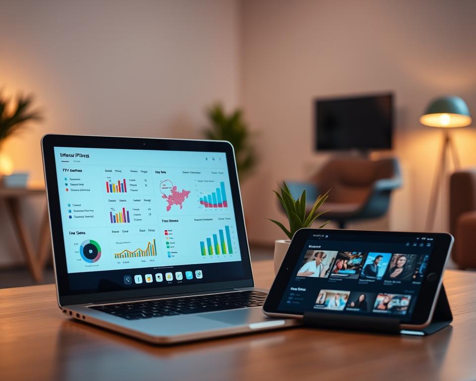 A modern digital interface showcasing a comparative analysis of IPTV subscription plans. In the foreground, a sleek laptop displays vibrant charts and graphs comparing various IPTV services, each highlighted with different colors. Beside the laptop, a tablet shows a user-friendly app interface with streaming options. In the middle ground, a blurred workspace features a stylish chair and a small potted plant, suggesting a professional environment. The background is softly illuminated by warm, ambient light, enhancing a cozy atmosphere. The scene is captured from a slight angle, with a lens that offers a sharp focus on the devices while softly blurring the background, creating depth. Emphasize a clean and organized aesthetic, resonating with tech-savvy consumers analyzing their options. A modern digital interface showcasing a comparative analysis of IPTV subscription plans. In the foreground, a sleek laptop displays vibrant charts and graphs comparing various IPTV services, each highlighted with different colors. Beside the laptop, a tablet shows a user-friendly app interface with streaming options. In the middle ground, a blurred workspace features a stylish chair and a small potted plant, suggesting a professional environment. The background is softly illuminated by warm, ambient light, enhancing a cozy atmosphere. The scene is captured from a slight angle, with a lens that offers a sharp focus on the devices while softly blurring the background, creating depth. Emphasize a clean and organized aesthetic, resonating with tech-savvy consumers analyzing their options.
