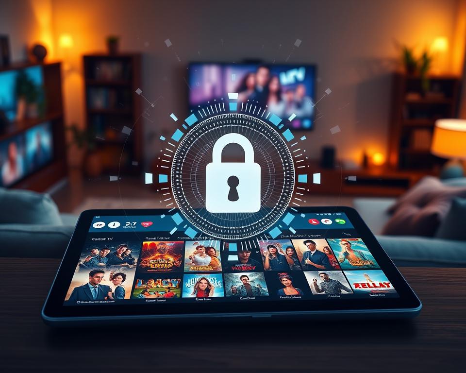 A modern digital interface showcasing the concept of secure IPTV streaming. In the foreground, a sleek tablet displays vibrant, high-definition images of popular TV shows and movies, symbolizing diverse content options. The middle ground features a stylized lock icon representing enhanced security measures, surrounded by digital patterns and binary code to emphasize the technology aspect. The background depicts a cozy living room setting with warm ambient lighting, perhaps a soft sofa and a television in the background, creating an inviting atmosphere. Use a high-angle perspective to give a comprehensive view of the scene. The mood should feel dynamic and secure, reflecting advanced technology and comfort in viewing. A modern digital interface showcasing the concept of secure IPTV streaming. In the foreground, a sleek tablet displays vibrant, high-definition images of popular TV shows and movies, symbolizing diverse content options. The middle ground features a stylized lock icon representing enhanced security measures, surrounded by digital patterns and binary code to emphasize the technology aspect. The background depicts a cozy living room setting with warm ambient lighting, perhaps a soft sofa and a television in the background, creating an inviting atmosphere. Use a high-angle perspective to give a comprehensive view of the scene. The mood should feel dynamic and secure, reflecting advanced technology and comfort in viewing.