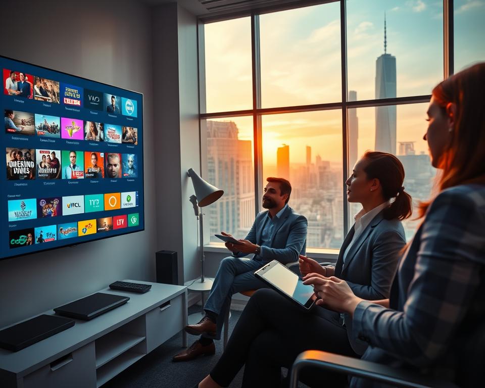 A modern digital workspace showcasing a diverse group of professionals analyzing IPTV technology. In the foreground, a young woman in smart business attire is enthusiastically pointing at a high-resolution screen displaying a vibrant array of live television channels, with colorful thumbnails illustrating various genres. In the middle ground, two colleagues, a man and a woman, are seated with tablets, engaged in a discussion about subscription advantages, surrounded by sleek office equipment. In the background, a large window reveals a futuristic city skyline, bathed in warm, natural daylight, conveying innovation and connectivity. The mood is dynamic and collaborative, emphasizing the benefits of IPTV services while maintaining a clean, professional atmosphere. A modern digital workspace showcasing a diverse group of professionals analyzing IPTV technology. In the foreground, a young woman in smart business attire is enthusiastically pointing at a high-resolution screen displaying a vibrant array of live television channels, with colorful thumbnails illustrating various genres. In the middle ground, two colleagues, a man and a woman, are seated with tablets, engaged in a discussion about subscription advantages, surrounded by sleek office equipment. In the background, a large window reveals a futuristic city skyline, bathed in warm, natural daylight, conveying innovation and connectivity. The mood is dynamic and collaborative, emphasizing the benefits of IPTV services while maintaining a clean, professional atmosphere.