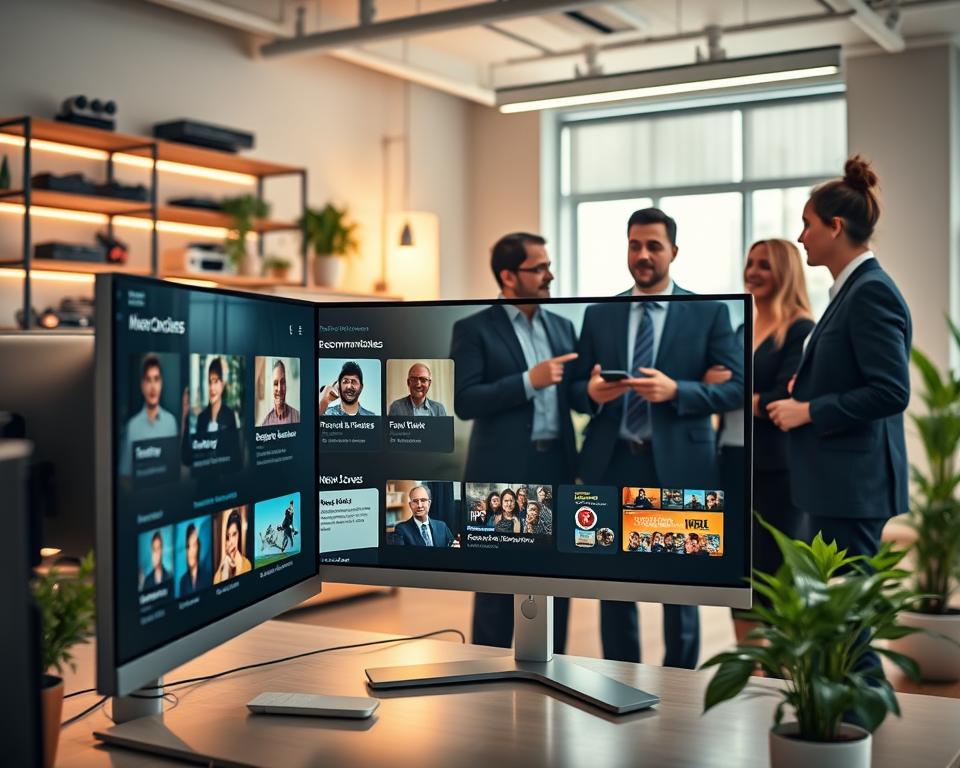 A modern digital workspace showcasing personalized television subscription recommendations based on user profiles. In the foreground, a sleek, stylish computer monitor displays an interactive interface filled with various IPTV options tailored to different user personas, such as families, sports enthusiasts, and movie lovers. In the middle ground, a diverse group of three professionals in business attire discuss the recommendations, gesturing towards the screen with engaged expressions. The background features a cozy, well-lit office with bright ambient lighting, organized shelves of tech gadgets, and plants for a refreshing atmosphere. The overall mood is professional yet inviting, emphasizing innovation and user-centric technology. A modern digital workspace showcasing personalized television subscription recommendations based on user profiles. In the foreground, a sleek, stylish computer monitor displays an interactive interface filled with various IPTV options tailored to different user personas, such as families, sports enthusiasts, and movie lovers. In the middle ground, a diverse group of three professionals in business attire discuss the recommendations, gesturing towards the screen with engaged expressions. The background features a cozy, well-lit office with bright ambient lighting, organized shelves of tech gadgets, and plants for a refreshing atmosphere. The overall mood is professional yet inviting, emphasizing innovation and user-centric technology.