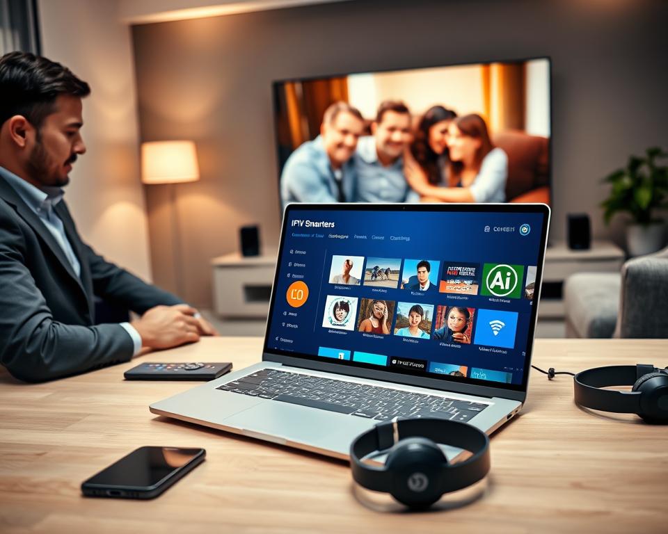 A modern digital workspace showcasing the IPTV Smarters application in action. In the foreground, a sleek laptop displays the IPTV Smarters interface, featuring vibrant channel thumbnails and an optimally organized menu. On one side, a person in professional attire is attentively navigating the app, demonstrating a focused expression. The middle ground features a stylish desk with a smartphone, smart remote, and headphones, enhancing the streaming theme. In the background, a large monitor displays a family enjoying TV together, showcasing happy faces and a comfortable living room setting with soft lighting. The atmosphere is warm and inviting, ideal for a complete user guide. Soft diffused lighting highlights the tech gadgets and creates an engaging environment, captured from a slightly elevated angle for depth. A modern digital workspace showcasing the IPTV Smarters application in action. In the foreground, a sleek laptop displays the IPTV Smarters interface, featuring vibrant channel thumbnails and an optimally organized menu. On one side, a person in professional attire is attentively navigating the app, demonstrating a focused expression. The middle ground features a stylish desk with a smartphone, smart remote, and headphones, enhancing the streaming theme. In the background, a large monitor displays a family enjoying TV together, showcasing happy faces and a comfortable living room setting with soft lighting. The atmosphere is warm and inviting, ideal for a complete user guide. Soft diffused lighting highlights the tech gadgets and creates an engaging environment, captured from a slightly elevated angle for depth.