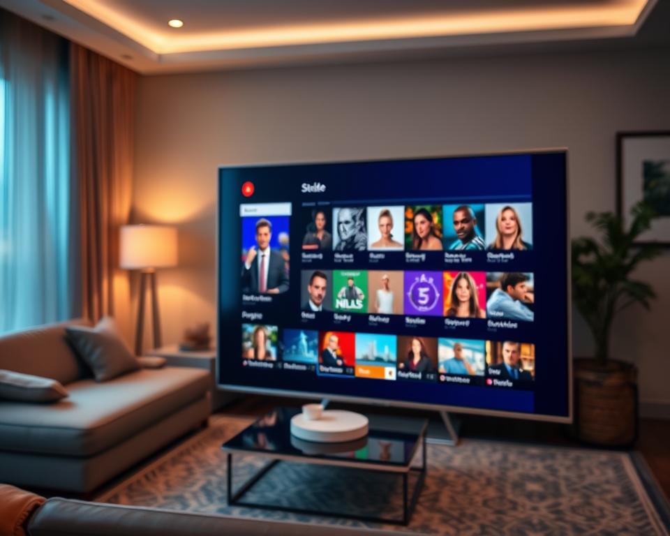 A modern electronic TV guide interface displayed prominently on a sleek smart TV screen. The foreground features a close-up view of the TV screen showcasing vibrant, clear program listings with icons and colorful thumbnails, highlighting different categories like movies, sports, and news. In the middle ground, a stylish living room scene surrounds the TV, including a comfortable couch and contemporary decor. The background features soft ambient lighting, creating a cozy and inviting atmosphere. The mood is informative and sleek, ideal for a tech-savvy audience. Use a shallow depth of field to emphasize the TV screen while subtly blurring the surrounding furniture and decor for a polished look. A modern electronic TV guide interface displayed prominently on a sleek smart TV screen. The foreground features a close-up view of the TV screen showcasing vibrant, clear program listings with icons and colorful thumbnails, highlighting different categories like movies, sports, and news. In the middle ground, a stylish living room scene surrounds the TV, including a comfortable couch and contemporary decor. The background features soft ambient lighting, creating a cozy and inviting atmosphere. The mood is informative and sleek, ideal for a tech-savvy audience. Use a shallow depth of field to emphasize the TV screen while subtly blurring the surrounding furniture and decor for a polished look.