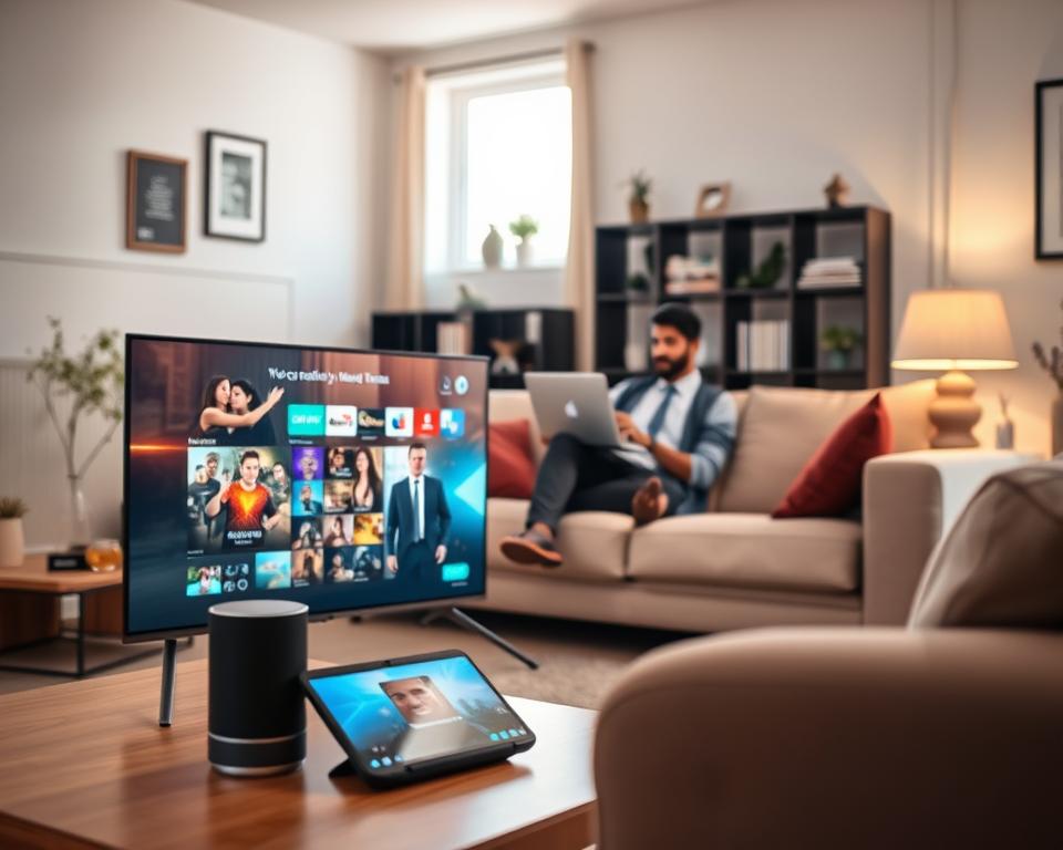 A modern home environment showcasing various devices compatible with streaming services. In the foreground, a sleek television screen displays vibrant streaming content, surrounded by a smart speaker and a tablet. The middle layer includes a cozy sofa with a professional individual in business attire, engaged in watching content on a laptop. The background features subtle decorations like bookshelves and a window with soft natural light filtering in, creating an inviting atmosphere. Use warm, ambient lighting to enhance the welcoming mood. The composition should be well-balanced, emphasizing the seamless integration of technology into daily life, with a focus on compatibility across multiple devices for streaming.