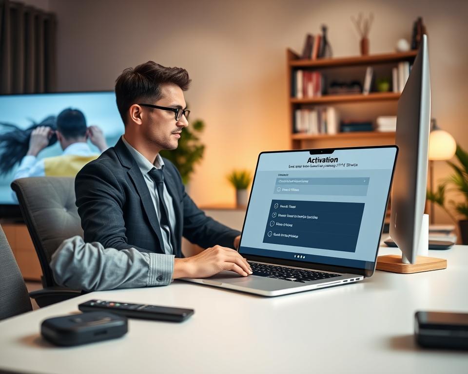 A modern home office setting featuring a sleek computer desk, where a professional individual in smart casual attire is focused on activating IPTV services on a laptop. In the foreground, the laptop screen displays a user-friendly interface of an IPTV activation process with vibrant graphics and easy-to-follow options. The middle ground includes scattered technical gadgets like a digital remote and a smart TV, hinting at IPTV capabilities. The background has soft, ambient lighting, accented with warm tones that create a cozy atmosphere, and a stylish bookshelf filled with tech-related books. The overall mood is one of efficiency and modernity, reflecting a seamless, instant activation experience. A modern home office setting featuring a sleek computer desk, where a professional individual in smart casual attire is focused on activating IPTV services on a laptop. In the foreground, the laptop screen displays a user-friendly interface of an IPTV activation process with vibrant graphics and easy-to-follow options. The middle ground includes scattered technical gadgets like a digital remote and a smart TV, hinting at IPTV capabilities. The background has soft, ambient lighting, accented with warm tones that create a cozy atmosphere, and a stylish bookshelf filled with tech-related books. The overall mood is one of efficiency and modernity, reflecting a seamless, instant activation experience.