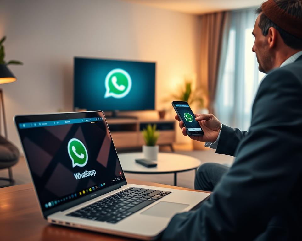 A modern home office setting featuring a sleek laptop displaying the WhatsApp interface. In the foreground, a professional individual in business attire is holding a smartphone with the WhatsApp logo visible, engaged in an animated conversation about IPTV streaming services. The middle ground includes a coffee table with a remote control, a small plant, and a stylish television displaying an IPTV logo, hinting at high-quality streaming. The background features soft ambient lighting from a window, creating a warm and inviting atmosphere. Use a shallow depth of field to focus on the subject while softly blurring the background, enhancing the professional mood and emphasizing the connection between messaging and streaming services. A modern home office setting featuring a sleek laptop displaying the WhatsApp interface. In the foreground, a professional individual in business attire is holding a smartphone with the WhatsApp logo visible, engaged in an animated conversation about IPTV streaming services. The middle ground includes a coffee table with a remote control, a small plant, and a stylish television displaying an IPTV logo, hinting at high-quality streaming. The background features soft ambient lighting from a window, creating a warm and inviting atmosphere. Use a shallow depth of field to focus on the subject while softly blurring the background, enhancing the professional mood and emphasizing the connection between messaging and streaming services.