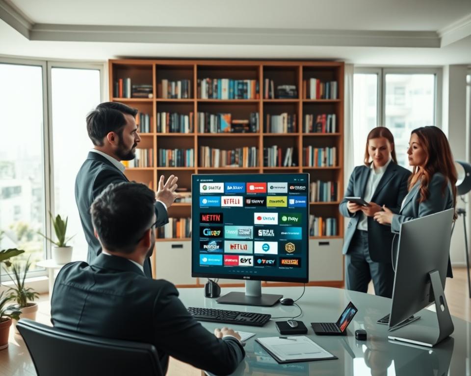 A modern home office setting, with a sleek desk and a state-of-the-art computer displaying a variety of legal streaming platforms on the screen. In the foreground, a diverse group of three professionals in business attire—two men and one woman—are engaged in discussion. The man on the left gestures towards the screen, while the woman on the right takes notes. The middle layer features a large bookshelf filled with technology and entertainment books. In the background, large windows allow natural light to flood the room, creating a bright and welcoming atmosphere. Soft shadows enhance the depth, while a warm color palette adds a sense of comfort and professionalism to the scene. Ensure clarity and focus on the streaming platforms displayed on the screen. A modern home office setting, with a sleek desk and a state-of-the-art computer displaying a variety of legal streaming platforms on the screen. In the foreground, a diverse group of three professionals in business attire—two men and one woman—are engaged in discussion. The man on the left gestures towards the screen, while the woman on the right takes notes. The middle layer features a large bookshelf filled with technology and entertainment books. In the background, large windows allow natural light to flood the room, creating a bright and welcoming atmosphere. Soft shadows enhance the depth, while a warm color palette adds a sense of comfort and professionalism to the scene. Ensure clarity and focus on the streaming platforms displayed on the screen.