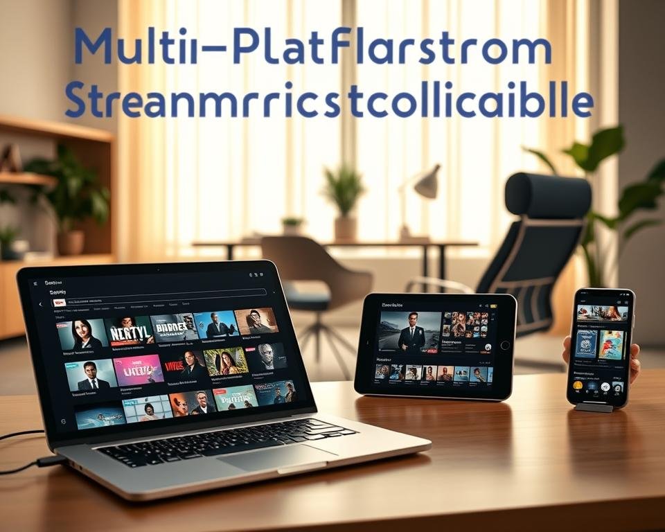A modern home office setup showcasing "multi-platform streaming compatibility." In the foreground, a sleek laptop displaying various streaming apps with user-friendly interfaces. Beside it, a tablet and smartphone, each showing diverse content available on different platforms. The middle ground features a comfortable workspace with a stylish chair, a desk with minimalist decor, and a small potted plant for a touch of greenery. In the background, a large window letting in warm, soft natural light, casting gentle shadows across the scene. The mood is inviting and productive, emphasizing technology's seamless integration into daily life. The image should be bright and clear, with a focus on the devices to highlight ease of access to entertainment. A modern home office setup showcasing "multi-platform streaming compatibility." In the foreground, a sleek laptop displaying various streaming apps with user-friendly interfaces. Beside it, a tablet and smartphone, each showing diverse content available on different platforms. The middle ground features a comfortable workspace with a stylish chair, a desk with minimalist decor, and a small potted plant for a touch of greenery. In the background, a large window letting in warm, soft natural light, casting gentle shadows across the scene. The mood is inviting and productive, emphasizing technology's seamless integration into daily life. The image should be bright and clear, with a focus on the devices to highlight ease of access to entertainment.