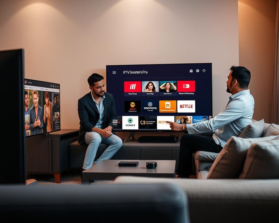 A modern home setting featuring a sleek Smart TV displaying the IPTV Smarters Pro interface. In the foreground, a diverse group of three individuals—two men and one woman—dressed in professional attire, are seated comfortably on a stylish sofa, attentively exploring the app on the TV. The middle ground includes a minimalist coffee table with a few tech gadgets and a remote control. The background features soft, ambient lighting, with a warm color palette that creates a cozy yet contemporary atmosphere. The composition is shot from a slightly low angle to emphasize the TV and the engaged users, focusing on their expressions of interest and excitement. The room is tastefully decorated to convey a modern lifestyle. A modern home setting featuring a sleek Smart TV displaying the IPTV Smarters Pro interface. In the foreground, a diverse group of three individuals—two men and one woman—dressed in professional attire, are seated comfortably on a stylish sofa, attentively exploring the app on the TV. The middle ground includes a minimalist coffee table with a few tech gadgets and a remote control. The background features soft, ambient lighting, with a warm color palette that creates a cozy yet contemporary atmosphere. The composition is shot from a slightly low angle to emphasize the TV and the engaged users, focusing on their expressions of interest and excitement. The room is tastefully decorated to convey a modern lifestyle.