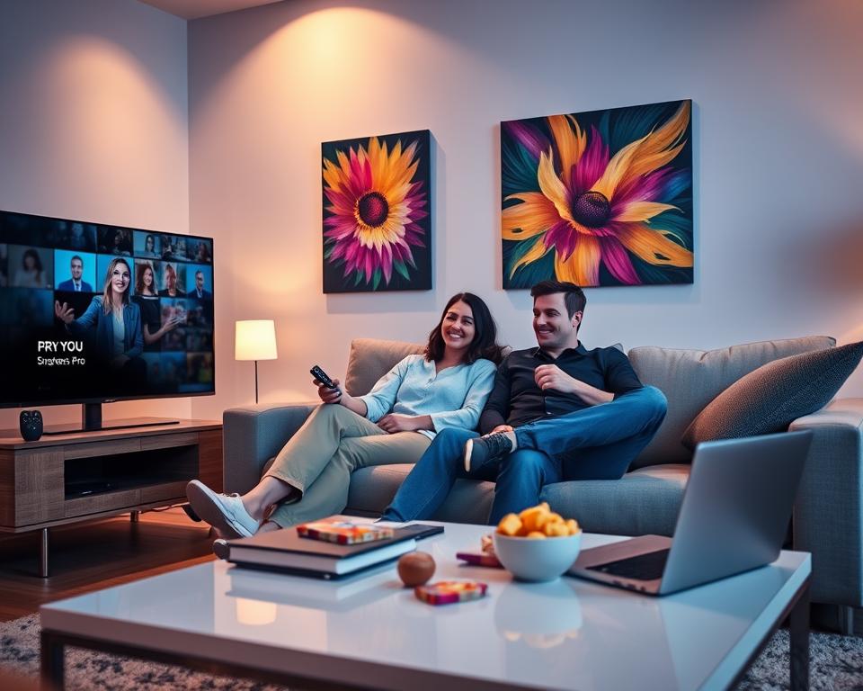 A modern, inviting living room setting showcasing a couple sitting on a comfortable sofa, both engrossed in streaming content on a large flat-screen TV. The foreground features the couple, dressed in smart casual clothing, with expressions of enjoyment and engagement as they use a smart device to subscribe to IPTV Smarters Pro. In the middle ground, a sleek coffee table holds a remote control, a laptop, and snacks, reflecting a cozy atmosphere. The background includes a softly lit wall adorned with vibrant artwork that hints at entertainment, with soft, ambient lighting that creates a relaxed mood. Capture this scene from a slightly elevated angle to emphasize the technology and the couple's interaction. A modern, inviting living room setting showcasing a couple sitting on a comfortable sofa, both engrossed in streaming content on a large flat-screen TV. The foreground features the couple, dressed in smart casual clothing, with expressions of enjoyment and engagement as they use a smart device to subscribe to IPTV Smarters Pro. In the middle ground, a sleek coffee table holds a remote control, a laptop, and snacks, reflecting a cozy atmosphere. The background includes a softly lit wall adorned with vibrant artwork that hints at entertainment, with soft, ambient lighting that creates a relaxed mood. Capture this scene from a slightly elevated angle to emphasize the technology and the couple's interaction.