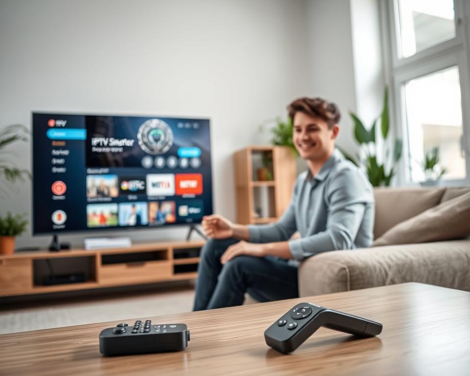 A modern living room featuring a large Smart TV displaying the IPTV Smarter Pro application interface. In the foreground, a sleek remote control rests on a stylish coffee table, highlighting the convenience of streaming. In the middle ground, a cheerful young adult, dressed in casual but neat clothing, is sitting on a comfortable couch, intently interacting with the TV. The background showcases a bright, well-lit room with minimalistic decor and potted plants, creating an inviting atmosphere. Soft, natural light filters in through large windows, enhancing the cozy vibe. The focus is on the act of downloading and streaming content, encapsulating the essence of accessible technology for home entertainment. A modern living room featuring a large Smart TV displaying the IPTV Smarter Pro application interface. In the foreground, a sleek remote control rests on a stylish coffee table, highlighting the convenience of streaming. In the middle ground, a cheerful young adult, dressed in casual but neat clothing, is sitting on a comfortable couch, intently interacting with the TV. The background showcases a bright, well-lit room with minimalistic decor and potted plants, creating an inviting atmosphere. Soft, natural light filters in through large windows, enhancing the cozy vibe. The focus is on the act of downloading and streaming content, encapsulating the essence of accessible technology for home entertainment.