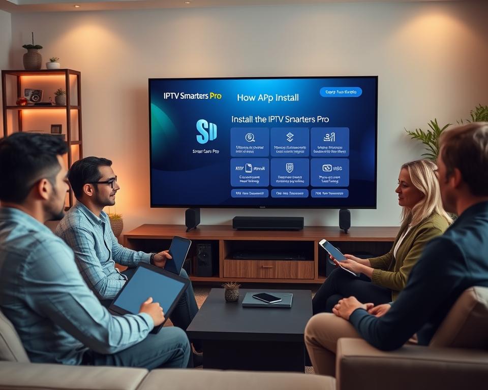 A modern living room featuring a large flat-screen Smart TV displaying the IPTV Smarters Pro application interface. In the foreground, a diverse group of three adults, wearing casual business attire, are engaged in a discussion about the app installation process, with laptops and tablets open alongside them. The middle scene showcases a close-up of the Smart TV screen, clearly showing step-by-step instructions on how to install IPTV Smarters Pro, with icons and a user-friendly layout. In the background, soft ambient lighting creates a cozy, tech-savvy atmosphere, highlighting decorative elements like shelves with gadgets and plants. The overall mood is informative and collaborative, emphasizing a friendly learning environment. A modern living room featuring a large flat-screen Smart TV displaying the IPTV Smarters Pro application interface. In the foreground, a diverse group of three adults, wearing casual business attire, are engaged in a discussion about the app installation process, with laptops and tablets open alongside them. The middle scene showcases a close-up of the Smart TV screen, clearly showing step-by-step instructions on how to install IPTV Smarters Pro, with icons and a user-friendly layout. In the background, soft ambient lighting creates a cozy, tech-savvy atmosphere, highlighting decorative elements like shelves with gadgets and plants. The overall mood is informative and collaborative, emphasizing a friendly learning environment.