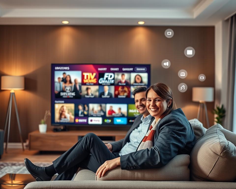 A modern living room featuring a large flat-screen TV displaying streaming content in a vibrant visual interface. In the foreground, a well-dressed professional couple, smiling and enjoying quality time, are seated comfortably on a stylish sofa. The background showcases a cozy ambiance with warm lighting, emphasizing a sense of tranquility. Soft shadows cast by stylish lamps add depth to the scene. Subtle digital elements, like floating icons representing various legal streaming options, hint at the subject of IPTV without cluttering the image. The overall mood is inviting and relaxed, portraying a safe and enjoyable home entertainment experience. The image composition should be balanced, with the couple prominently featured and the streaming screen clearly visible. A modern living room featuring a large flat-screen TV displaying streaming content in a vibrant visual interface. In the foreground, a well-dressed professional couple, smiling and enjoying quality time, are seated comfortably on a stylish sofa. The background showcases a cozy ambiance with warm lighting, emphasizing a sense of tranquility. Soft shadows cast by stylish lamps add depth to the scene. Subtle digital elements, like floating icons representing various legal streaming options, hint at the subject of IPTV without cluttering the image. The overall mood is inviting and relaxed, portraying a safe and enjoyable home entertainment experience. The image composition should be balanced, with the couple prominently featured and the streaming screen clearly visible.