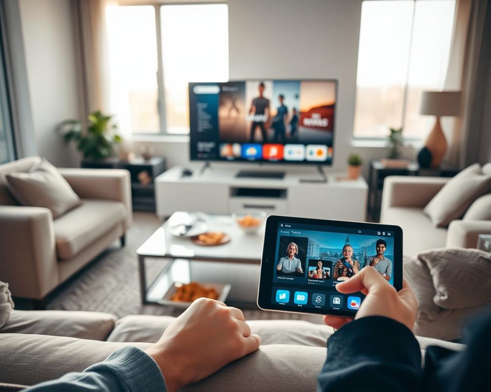 A modern living room featuring a large flat-screen TV displaying various streaming services on the screen, surrounded by a cozy sofa and tech gadgets. In the foreground, a tablet and smartphone show streaming interfaces, emphasizing compatibility across devices. The middle ground includes a stylish coffee table with a remote control and snacks, creating a relaxed atmosphere. The background features a bright window showcasing a sunny day outside, adding warmth to the scene. Soft, ambient lighting creates a comfortable mood, emphasizing a homey environment. The angle is slightly above eye level, capturing the entire setup harmoniously, with a focus on the technology seamlessly integrating into daily life. A modern living room featuring a large flat-screen TV displaying various streaming services on the screen, surrounded by a cozy sofa and tech gadgets. In the foreground, a tablet and smartphone show streaming interfaces, emphasizing compatibility across devices. The middle ground includes a stylish coffee table with a remote control and snacks, creating a relaxed atmosphere. The background features a bright window showcasing a sunny day outside, adding warmth to the scene. Soft, ambient lighting creates a comfortable mood, emphasizing a homey environment. The angle is slightly above eye level, capturing the entire setup harmoniously, with a focus on the technology seamlessly integrating into daily life.