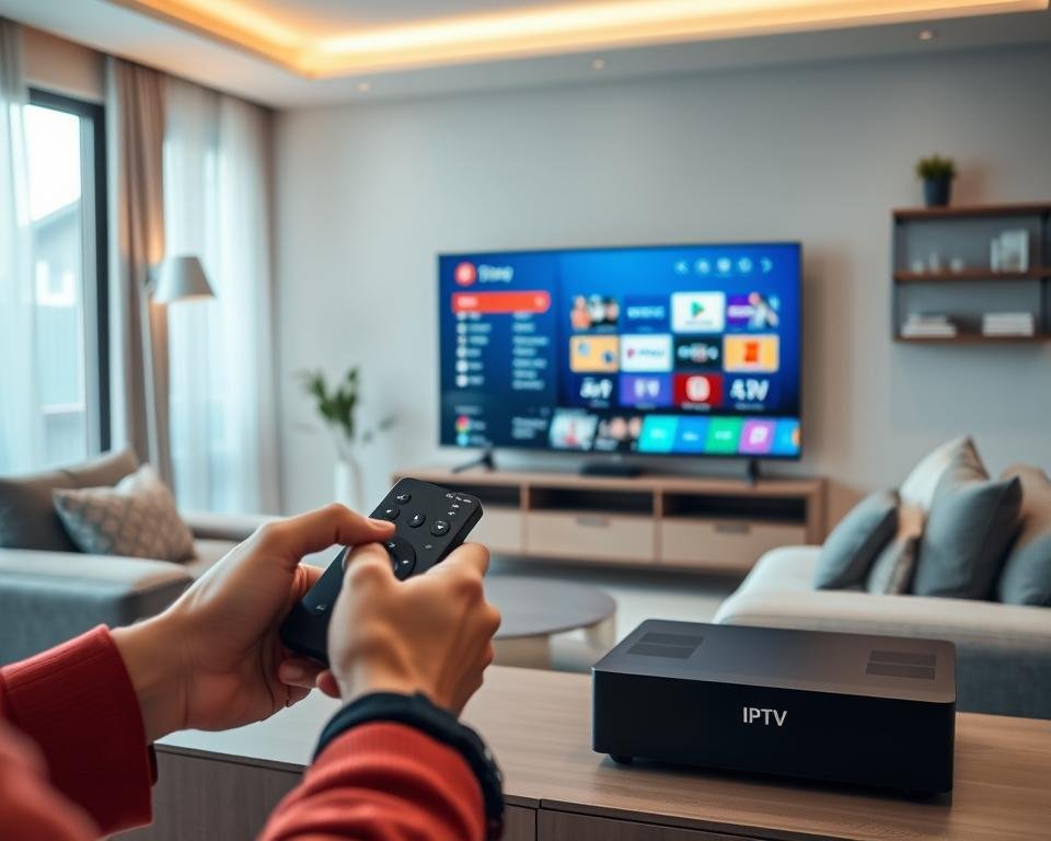 A modern living room featuring a sleek IPTV device prominently on a stylish media console. In the foreground, a pair of hands is shown adjusting a remote control, focusing on a modern screen displaying the IPTV interface with vibrant channel options. The middle ground highlights a comfortable sofa adorned with decorative cushions, with soft ambient lighting creating a warm and inviting atmosphere. The background showcases a minimalist entertainment setup with shelves containing books and decorative items. The scene is illuminated by soft natural light coming through a large window, casting gentle shadows. The mood is professional and approachable, embodying simplicity in the configuration and activation process of IPTV systems. The image should have a clean, polished look, emphasizing high-quality technology in a homely environment. A modern living room featuring a sleek IPTV device prominently on a stylish media console. In the foreground, a pair of hands is shown adjusting a remote control, focusing on a modern screen displaying the IPTV interface with vibrant channel options. The middle ground highlights a comfortable sofa adorned with decorative cushions, with soft ambient lighting creating a warm and inviting atmosphere. The background showcases a minimalist entertainment setup with shelves containing books and decorative items. The scene is illuminated by soft natural light coming through a large window, casting gentle shadows. The mood is professional and approachable, embodying simplicity in the configuration and activation process of IPTV systems. The image should have a clean, polished look, emphasizing high-quality technology in a homely environment.