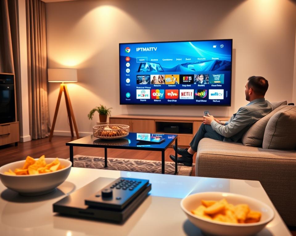 A modern living room featuring a sleek Smart TV displaying an interface for various IPTV applications, emphasizing alternatives to IPTV Smarters Pro. In the foreground, a stylish coffee table holds a remote and a bowl of snacks to convey a relaxed viewing atmosphere. The middle ground showcases a cozy couch with a person dressed in professional attire, intently exploring different streaming options on the Smart TV. In the background, soft ambient lighting illuminates the room, creating a warm and inviting mood. The angle is a slight high perspective, allowing a clear view of both the TV screen and the person’s engagement. The entire scene should reflect a contemporary home entertainment setup, promoting the idea of diverse streaming applications. A modern living room featuring a sleek Smart TV displaying an interface for various IPTV applications, emphasizing alternatives to IPTV Smarters Pro. In the foreground, a stylish coffee table holds a remote and a bowl of snacks to convey a relaxed viewing atmosphere. The middle ground showcases a cozy couch with a person dressed in professional attire, intently exploring different streaming options on the Smart TV. In the background, soft ambient lighting illuminates the room, creating a warm and inviting mood. The angle is a slight high perspective, allowing a clear view of both the TV screen and the person’s engagement. The entire scene should reflect a contemporary home entertainment setup, promoting the idea of diverse streaming applications.