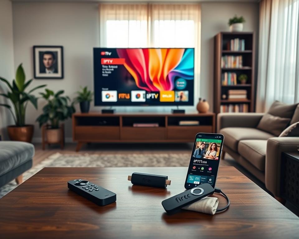 A modern living room featuring a sleek black Fire TV Stick connected to a large, flat-screen television displaying a colorful IPTV interface. In the foreground, a neatly arranged coffee table holds a remote control, a few snacks, and a smartphone showing an IPTV app. The middle ground showcases the television and the Fire TV Stick mounted against a stylish media console. Soft, warm lighting fills the room, creating a cozy atmosphere, with rays of light filtering in through sheer curtains. The background consists of tasteful decor: houseplants, framed artwork, and a bookshelf lined with magazines. The scene should evoke a sense of comfort and modern technology, highlighting the ease of setting up IPTV on the Fire TV Stick without any distractions or text. A modern living room featuring a sleek black Fire TV Stick connected to a large, flat-screen television displaying a colorful IPTV interface. In the foreground, a neatly arranged coffee table holds a remote control, a few snacks, and a smartphone showing an IPTV app. The middle ground showcases the television and the Fire TV Stick mounted against a stylish media console. Soft, warm lighting fills the room, creating a cozy atmosphere, with rays of light filtering in through sheer curtains. The background consists of tasteful decor: houseplants, framed artwork, and a bookshelf lined with magazines. The scene should evoke a sense of comfort and modern technology, highlighting the ease of setting up IPTV on the Fire TV Stick without any distractions or text.