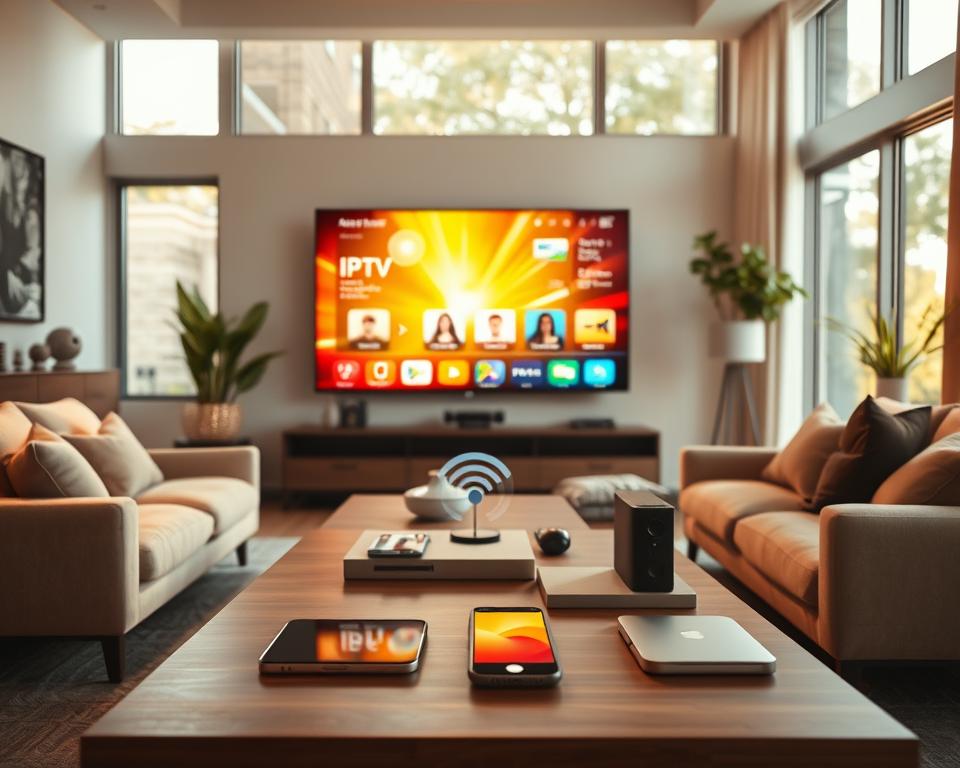 A modern living room featuring a sleek, large-screen television displaying a vibrant IPTV interface, symbolizing multi-device compatibility. In the foreground, a stylish coffee table holds various devices like a smartphone, tablet, and laptop, all connected via wireless streaming. In the middle, a comfortable sofa faces the TV with a cozy ambiance. In the background, large windows let in warm natural light, creating a welcoming atmosphere. The walls are adorned with contemporary art, and soft decorative elements enhance the space. Capture the scene with a slightly angled view that invites the viewer into the room, using soft focus on the background to emphasize the foreground devices, evoking a sense of modern technology integration. A modern living room featuring a sleek, large-screen television displaying a vibrant IPTV interface, symbolizing multi-device compatibility. In the foreground, a stylish coffee table holds various devices like a smartphone, tablet, and laptop, all connected via wireless streaming. In the middle, a comfortable sofa faces the TV with a cozy ambiance. In the background, large windows let in warm natural light, creating a welcoming atmosphere. The walls are adorned with contemporary art, and soft decorative elements enhance the space. Capture the scene with a slightly angled view that invites the viewer into the room, using soft focus on the background to emphasize the foreground devices, evoking a sense of modern technology integration.