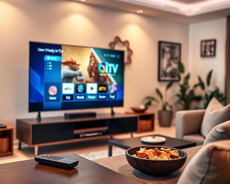 A modern living room featuring a sleek, large smart TV displaying a user-friendly IPTV interface. The foreground shows the smart TV on a stylish entertainment stand, with a remote control placed next to it. In the middle ground, a comfortable couch with neutral-colored cushions invites relaxation, while a coffee table with a bowl of snacks sits nearby. The background features soft, ambient lighting that creates a warm and inviting atmosphere, with decorative wall art and plants enhancing the cozy feel. The scene is viewed from a slightly lower angle, emphasizing the TV and the inviting space, evoking a sense of tech-savvy comfort in home entertainment. A modern living room featuring a sleek, large smart TV displaying a user-friendly IPTV interface. The foreground shows the smart TV on a stylish entertainment stand, with a remote control placed next to it. In the middle ground, a comfortable couch with neutral-colored cushions invites relaxation, while a coffee table with a bowl of snacks sits nearby. The background features soft, ambient lighting that creates a warm and inviting atmosphere, with decorative wall art and plants enhancing the cozy feel. The scene is viewed from a slightly lower angle, emphasizing the TV and the inviting space, evoking a sense of tech-savvy comfort in home entertainment.