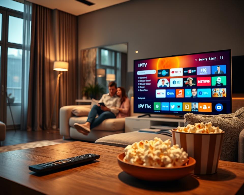A modern living room featuring a sleek smart TV displaying a vibrant IPTV application interface, showcasing various channels and categories. In the foreground, a stylish coffee table with a remote control and a bowl of popcorn, hinting at a cozy movie night. The middle ground includes a plush sofa with a relaxed couple dressed in smart casual clothes, engaged with the television. The background reveals a warm and inviting ambiance, with soft lighting from floor lamps casting a gentle glow and light streaming through large windows, creating a serene atmosphere. The composition is framed to focus on the technological aspect while exuding comfort and home entertainment vibes. A modern living room featuring a sleek smart TV displaying a vibrant IPTV application interface, showcasing various channels and categories. In the foreground, a stylish coffee table with a remote control and a bowl of popcorn, hinting at a cozy movie night. The middle ground includes a plush sofa with a relaxed couple dressed in smart casual clothes, engaged with the television. The background reveals a warm and inviting ambiance, with soft lighting from floor lamps casting a gentle glow and light streaming through large windows, creating a serene atmosphere. The composition is framed to focus on the technological aspect while exuding comfort and home entertainment vibes.