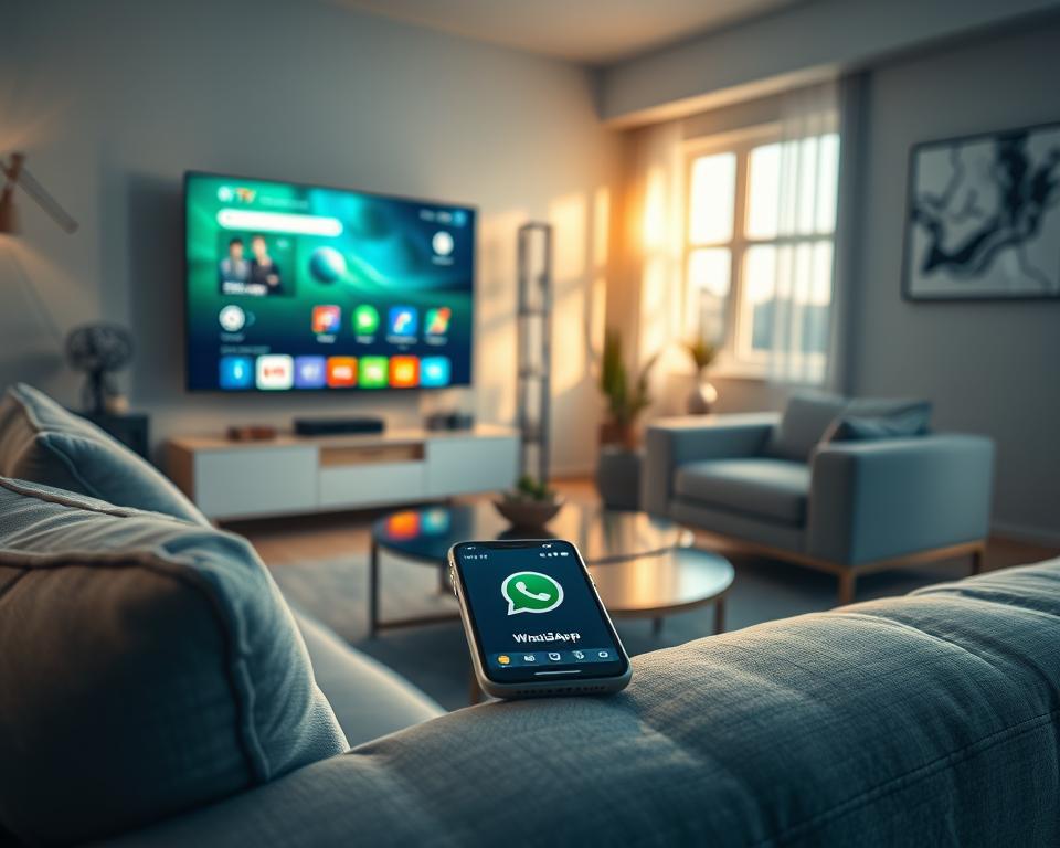 A modern living room featuring a sleek smart TV displaying a vibrant, high-resolution IPTV interface. In the foreground, there’s a cozy sofa with plush cushions and a remote control on the armrest. In the middle, a stylish coffee table holds a smartphone displaying the WhatsApp logo, emphasizing connectivity. Soft ambient lighting casts a warm glow throughout the room, highlighting the home entertainment setup. The background shows a minimalist decor with abstract art on the walls and a sunlit window, creating an inviting atmosphere. Capture this scene in 4K Ultra HD to showcase the advanced technical features of IPTV. A modern living room featuring a sleek smart TV displaying a vibrant, high-resolution IPTV interface. In the foreground, there’s a cozy sofa with plush cushions and a remote control on the armrest. In the middle, a stylish coffee table holds a smartphone displaying the WhatsApp logo, emphasizing connectivity. Soft ambient lighting casts a warm glow throughout the room, highlighting the home entertainment setup. The background shows a minimalist decor with abstract art on the walls and a sunlit window, creating an inviting atmosphere. Capture this scene in 4K Ultra HD to showcase the advanced technical features of IPTV.