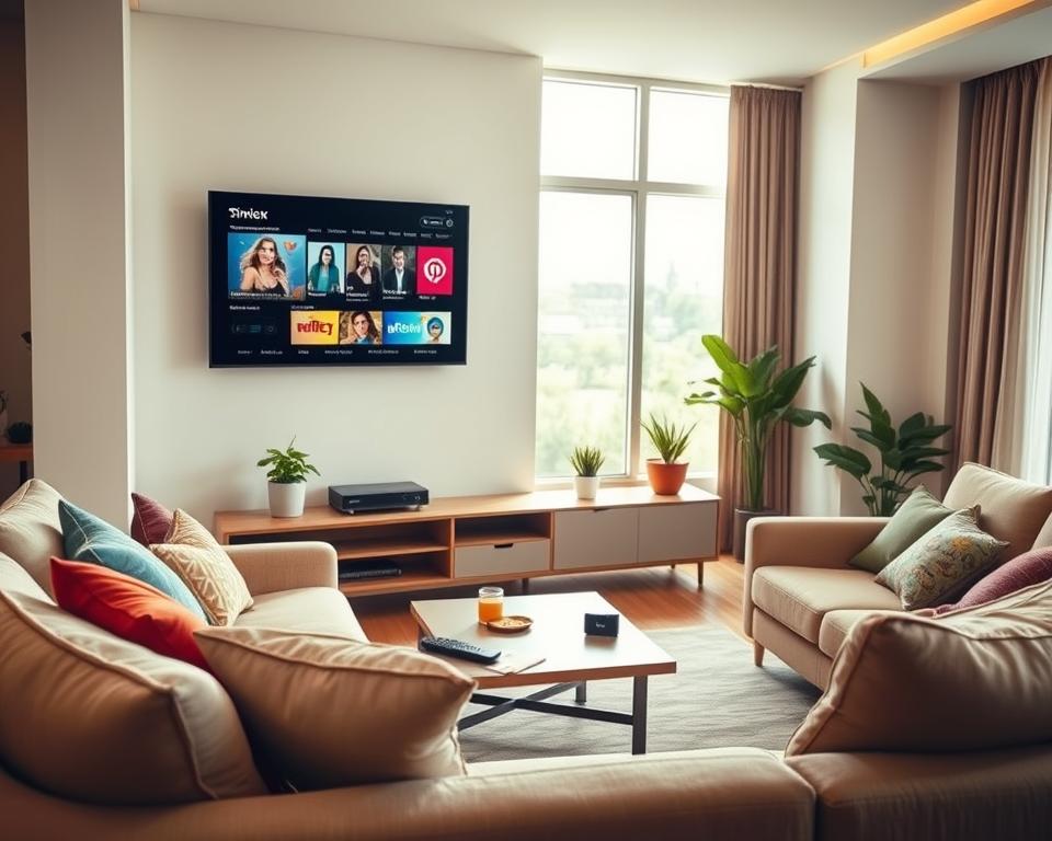A modern living room featuring a sleek television mounted on the wall, displaying various streaming options to symbolize the advantages of a TV subscription. In the foreground, a cozy sofa with colorful cushions invites viewers to relax, while a coffee table holds a remote control and snacks. In the middle ground, a stylish entertainment center showcases an IPTV device and decorative plants. The background shows large windows letting in soft, natural light, creating a warm and inviting atmosphere. The mood is relaxed and family-friendly, ideal for enjoying a subscription service. Capture the scene from a slightly elevated angle to encompass both the entertainment setup and the inviting ambiance of the room, using bright and balanced lighting to enhance the inviting atmosphere.