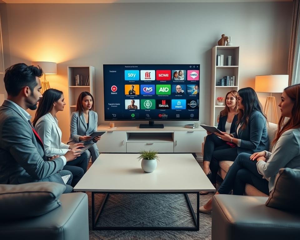 A modern living room scene designed to illustrate the topic of choosing an IPTV subscription. In the foreground, a diverse group of three people, a man and two women, are gathered around a sleek coffee table, each holding a tablet or laptop, engaged in a discussion. They are dressed in professional business attire, looking focused and engaged. In the middle, a large flat-screen TV displays colorful icons representing various streaming channels, highlighting the IPTV experience. The background features a cozy setting with soft, warm lighting from floor lamps, and a bookshelf filled with entertainment-related books and decorative items, creating an inviting atmosphere. The angle is slightly elevated, capturing the dynamic interaction among the group while emphasizing the technology involved in IPTV subscriptions. A modern living room scene designed to illustrate the topic of choosing an IPTV subscription. In the foreground, a diverse group of three people, a man and two women, are gathered around a sleek coffee table, each holding a tablet or laptop, engaged in a discussion. They are dressed in professional business attire, looking focused and engaged. In the middle, a large flat-screen TV displays colorful icons representing various streaming channels, highlighting the IPTV experience. The background features a cozy setting with soft, warm lighting from floor lamps, and a bookshelf filled with entertainment-related books and decorative items, creating an inviting atmosphere. The angle is slightly elevated, capturing the dynamic interaction among the group while emphasizing the technology involved in IPTV subscriptions.