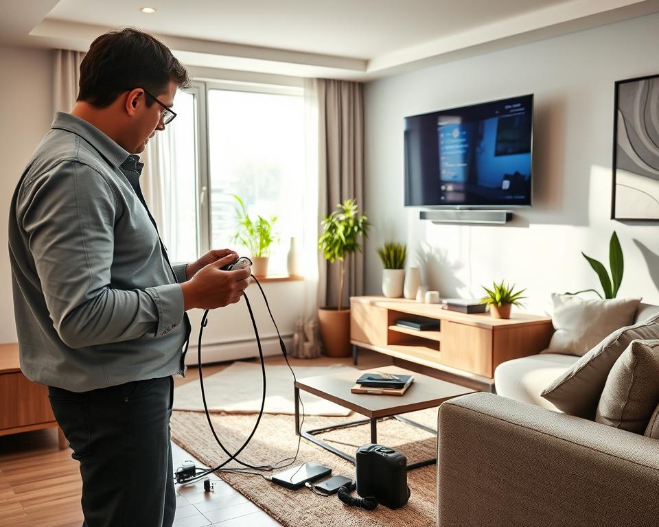 A modern living room scene featuring a professional technician installing an IPTV system. In the foreground, the technician, dressed in smart casual attire, is focused on connecting cables to a sleek 4K television mounted on the wall. The middle ground highlights various installation tools and a stylish media console, with a bright and inviting ambiance created by soft, natural lighting coming from a nearby window. In the background, there is a comfortable sofa and decorative elements reflecting a contemporary style, such as potted plants and abstract art. The overall atmosphere is one of efficiency and ease, emphasizing the concept of quick and easy installation. Ensuring the setting feels welcoming and professional, appropriate for a family home. A modern living room scene featuring a professional technician installing an IPTV system. In the foreground, the technician, dressed in smart casual attire, is focused on connecting cables to a sleek 4K television mounted on the wall. The middle ground highlights various installation tools and a stylish media console, with a bright and inviting ambiance created by soft, natural lighting coming from a nearby window. In the background, there is a comfortable sofa and decorative elements reflecting a contemporary style, such as potted plants and abstract art. The overall atmosphere is one of efficiency and ease, emphasizing the concept of quick and easy installation. Ensuring the setting feels welcoming and professional, appropriate for a family home.