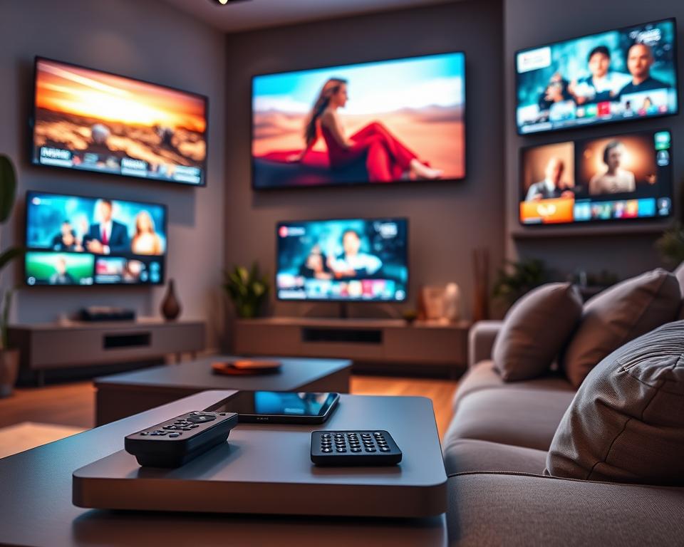 A modern living room scene featuring a seamless array of screens displaying vibrant IPTV content. In the foreground, a sleek coffee table holds a stylish remote and a tablet, while a cozy sofa with soft cushions invites viewers to relax. In the middle background, large televisions and monitors are mounted on the walls, showcasing various channels and entertainment options available with multi-screen IPTV subscriptions. Soft, warm lighting illuminates the space, creating a welcoming atmosphere. The room is decorated with contemporary art and plants, enhancing its modern feel. The angle of the shot is slightly elevated, providing a sense of depth and framing the multi-screen experience effectively, while conveying the convenience and luxury of premium IPTV service. A modern living room scene featuring a seamless array of screens displaying vibrant IPTV content. In the foreground, a sleek coffee table holds a stylish remote and a tablet, while a cozy sofa with soft cushions invites viewers to relax. In the middle background, large televisions and monitors are mounted on the walls, showcasing various channels and entertainment options available with multi-screen IPTV subscriptions. Soft, warm lighting illuminates the space, creating a welcoming atmosphere. The room is decorated with contemporary art and plants, enhancing its modern feel. The angle of the shot is slightly elevated, providing a sense of depth and framing the multi-screen experience effectively, while conveying the convenience and luxury of premium IPTV service.