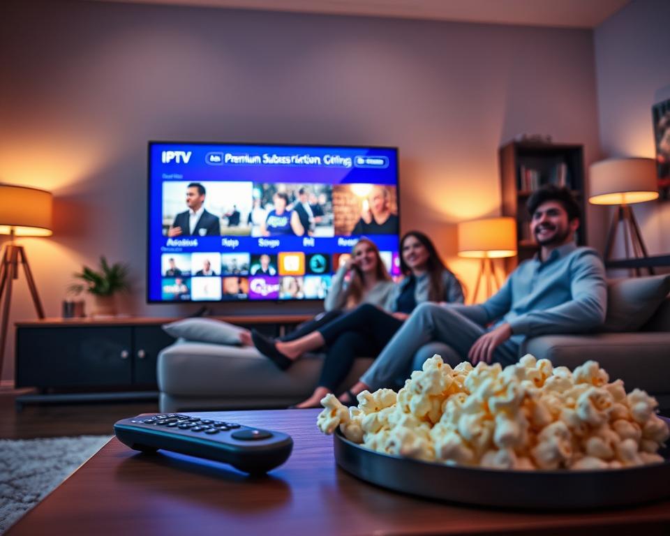 A modern living room scene featuring a sleek television displaying vibrant IPTV content, emphasizing premium subscription offerings. In the foreground, a stylish coffee table is adorned with a remote control and popcorn, inviting viewers to enjoy their entertainment. The middle ground showcases a comfortable sofa with a couple of individuals dressed in smart casual attire, engaged in watching the TV with smiles, conveying excitement and satisfaction. The background should include warm lighting from lamps cast a cozy glow, and decorative elements like a plant and shelving with books to create a homely atmosphere. Use a wide-angle lens for depth, capturing both the cozy ambiance and the engaging television experience, evoking a sense of modern lifestyle and premium entertainment. A modern living room scene featuring a sleek television displaying vibrant IPTV content, emphasizing premium subscription offerings. In the foreground, a stylish coffee table is adorned with a remote control and popcorn, inviting viewers to enjoy their entertainment. The middle ground showcases a comfortable sofa with a couple of individuals dressed in smart casual attire, engaged in watching the TV with smiles, conveying excitement and satisfaction. The background should include warm lighting from lamps cast a cozy glow, and decorative elements like a plant and shelving with books to create a homely atmosphere. Use a wide-angle lens for depth, capturing both the cozy ambiance and the engaging television experience, evoking a sense of modern lifestyle and premium entertainment.