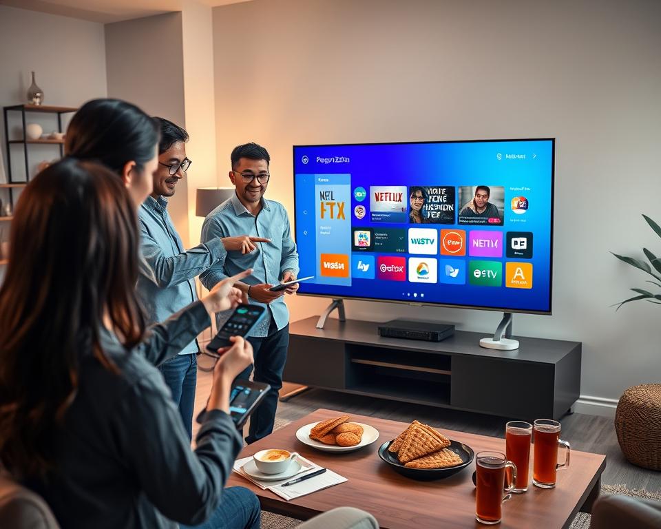 A modern living room scene focused on a sleek smart TV displaying a vibrant interface of a personalization application for IPTV streaming. In the foreground, a diverse group of three individuals dressed in smart casual attire, eagerly interacting with the TV using a remote. The first person, a woman with dark hair, points excitedly at the screen, while a man with glasses examines the interface on a tablet. The third individual, a woman of Asian descent, takes notes on a notepad. The middle ground shows a stylish coffee table with snacks and drinks, creating a welcoming atmosphere. Soft, warm lighting from a nearby window fills the room, enhancing a cozy, engaging mood. The background features shelves with modern decor, further emphasizing a tech-savvy environment. A modern living room scene focused on a sleek smart TV displaying a vibrant interface of a personalization application for IPTV streaming. In the foreground, a diverse group of three individuals dressed in smart casual attire, eagerly interacting with the TV using a remote. The first person, a woman with dark hair, points excitedly at the screen, while a man with glasses examines the interface on a tablet. The third individual, a woman of Asian descent, takes notes on a notepad. The middle ground shows a stylish coffee table with snacks and drinks, creating a welcoming atmosphere. Soft, warm lighting from a nearby window fills the room, enhancing a cozy, engaging mood. The background features shelves with modern decor, further emphasizing a tech-savvy environment.