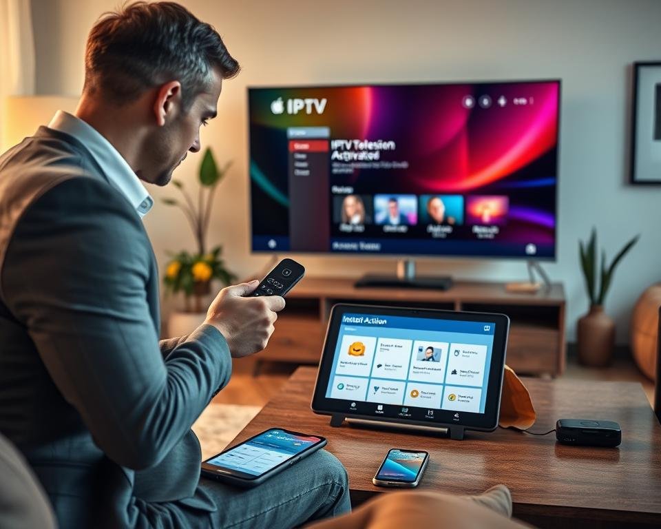 A modern living room scene focused on activating a television service. In the foreground, a well-dressed professional man in business attire is holding a remote, intently looking at a sleek, flat-screen TV displaying an alluring interface of an IPTV service with vibrant colors. In the middle ground, a stylish coffee table holds a tablet showing the IPTV subscription options, alongside a smartphone with an active call, hinting at instant activation support. Soft, warm lighting illuminates the room, creating a cozy atmosphere. The background features a contemporary decor with plants and art, giving a sense of sophistication and comfort. Capture the excitement of seamless technology integration in a residential setting. A modern living room scene focused on activating a television service. In the foreground, a well-dressed professional man in business attire is holding a remote, intently looking at a sleek, flat-screen TV displaying an alluring interface of an IPTV service with vibrant colors. In the middle ground, a stylish coffee table holds a tablet showing the IPTV subscription options, alongside a smartphone with an active call, hinting at instant activation support. Soft, warm lighting illuminates the room, creating a cozy atmosphere. The background features a contemporary decor with plants and art, giving a sense of sophistication and comfort. Capture the excitement of seamless technology integration in a residential setting.