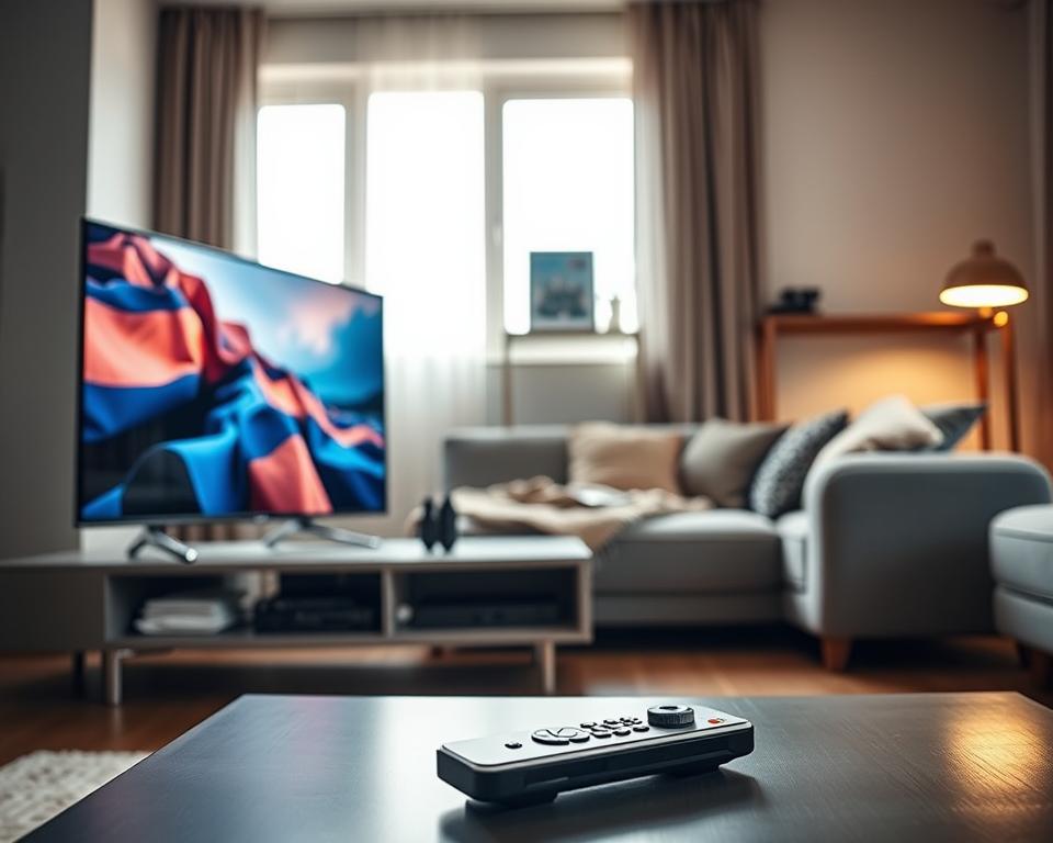 A modern living room scene showcasing a sleek, minimalist setup for IPTV. In the foreground, a stylish flat-screen TV displays vibrant 4K imagery, with a remote control placed on a contemporary coffee table. The middle ground features a comfortable sofa with a cozy throw and pillows, inviting viewers to relax. A small shelf holds a set-top box and a glimpse of various streaming device logos. The background reveals a well-lit window with soft natural light filtering in, creating a warm, inviting atmosphere. The scene is captured from a slightly elevated angle to emphasize the configuration simplicity, with a slight depth of field to keep the focus on the IPTV setup. The overall mood is tech-savvy yet accessible, reflecting ease of use and modern living. A modern living room scene showcasing a sleek, minimalist setup for IPTV. In the foreground, a stylish flat-screen TV displays vibrant 4K imagery, with a remote control placed on a contemporary coffee table. The middle ground features a comfortable sofa with a cozy throw and pillows, inviting viewers to relax. A small shelf holds a set-top box and a glimpse of various streaming device logos. The background reveals a well-lit window with soft natural light filtering in, creating a warm, inviting atmosphere. The scene is captured from a slightly elevated angle to emphasize the configuration simplicity, with a slight depth of field to keep the focus on the IPTV setup. The overall mood is tech-savvy yet accessible, reflecting ease of use and modern living.