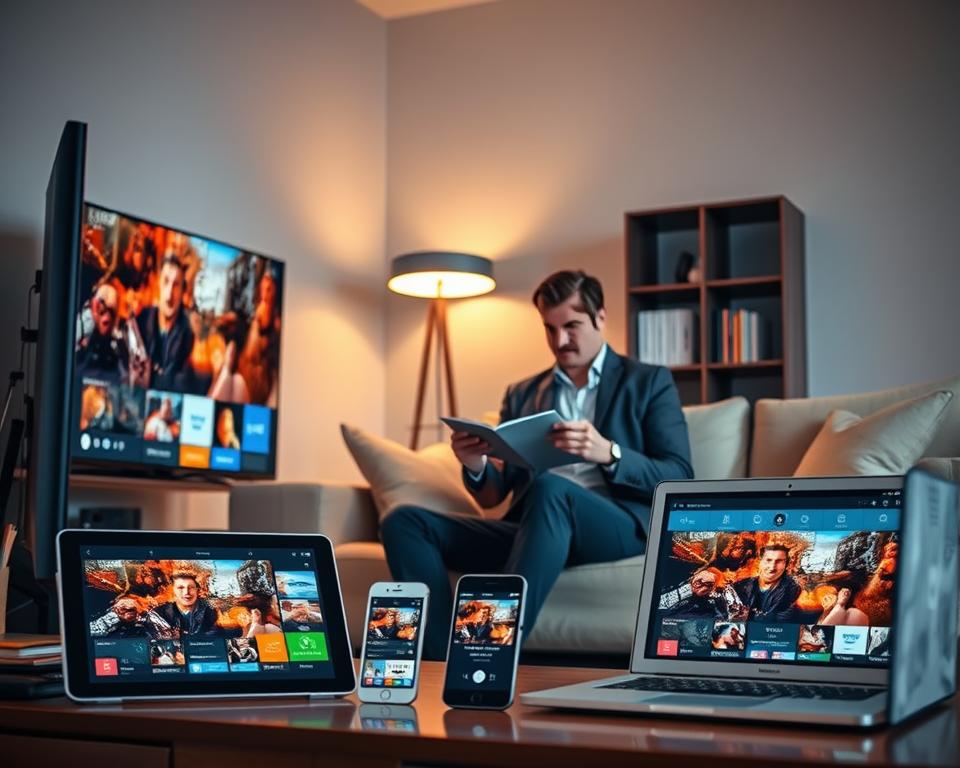 A modern living room scene showcasing compatibility with various devices. In the foreground, a sleek smart TV displays vibrant IPTV content. Next to it, a tablet, a smartphone, and a laptop are arranged, each featuring the streaming interface. The middle ground features a cozy sofa where a professional individual, dressed in smart casual attire, is engaged with their tablet, highlighting versatility. The background shows soft lighting from a stylish lamp and a minimalist bookshelf, creating a warm, inviting atmosphere. The camera angle captures a slight downward view to include all devices prominently, emphasizing connectivity. The overall mood is one of convenience and modern living, perfect for showcasing technology integration in everyday life. A modern living room scene showcasing compatibility with various devices. In the foreground, a sleek smart TV displays vibrant IPTV content. Next to it, a tablet, a smartphone, and a laptop are arranged, each featuring the streaming interface. The middle ground features a cozy sofa where a professional individual, dressed in smart casual attire, is engaged with their tablet, highlighting versatility. The background shows soft lighting from a stylish lamp and a minimalist bookshelf, creating a warm, inviting atmosphere. The camera angle captures a slight downward view to include all devices prominently, emphasizing connectivity. The overall mood is one of convenience and modern living, perfect for showcasing technology integration in everyday life.
