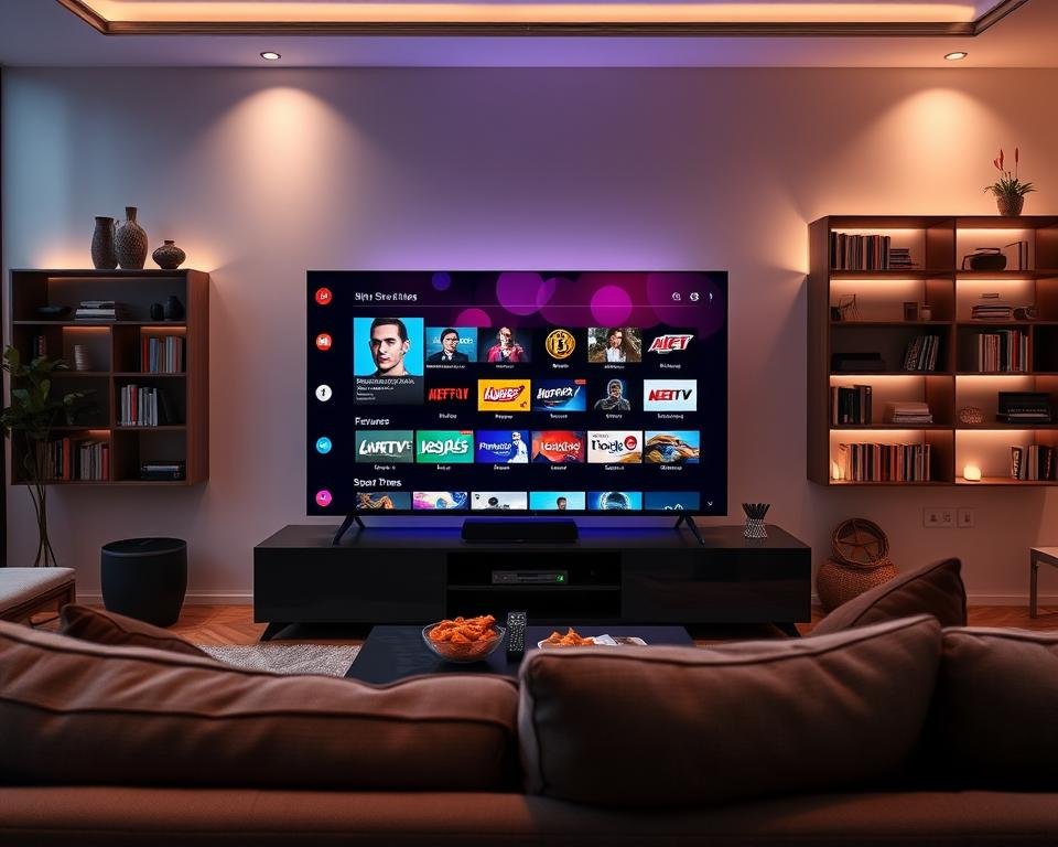 A modern living room setting featuring a sleek flat-screen TV streaming IPTV content. In the foreground, a comfortable sofa with a remote control and snacks, inviting relaxation. The middle layer showcases the TV displaying an array of vibrant IPTV channel icons and features like live TV, movies, and sports, highlighting advanced functionalities. The background consists of stylish shelves with books and decor, softly illuminated by ambient lighting for a cozy yet tech-savvy atmosphere. The room is designed in a contemporary style with minimalistic furniture and a large window letting in natural light. The mood is engaging and relaxed, emphasizing the seamless experience of watching IPTV Smarters Pro. A modern living room setting featuring a sleek flat-screen TV streaming IPTV content. In the foreground, a comfortable sofa with a remote control and snacks, inviting relaxation. The middle layer showcases the TV displaying an array of vibrant IPTV channel icons and features like live TV, movies, and sports, highlighting advanced functionalities. The background consists of stylish shelves with books and decor, softly illuminated by ambient lighting for a cozy yet tech-savvy atmosphere. The room is designed in a contemporary style with minimalistic furniture and a large window letting in natural light. The mood is engaging and relaxed, emphasizing the seamless experience of watching IPTV Smarters Pro.