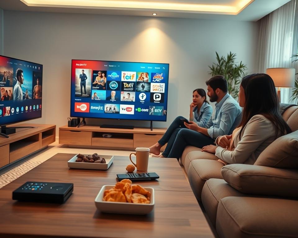 A modern living room setting featuring a sleek, large flat-screen TV displaying an interface of an IPTV service with vibrant international channels. In the foreground, a stylish coffee table adorned with remote controls and snacks reflects casual viewing. The middle ground reveals a comfortable sofa occupied by a diverse group of three professionals in smart-casual attire, engrossed in their device, showcasing the family-friendly aspect of IPTV. In the background, a warm ambiance is created with soft lighting and decorative elements that emphasize a cozy, inviting environment. The scene should evoke a sense of connection and entertainment, suggesting why choosing this premium IPTV service enhances home viewing experiences. A modern living room setting featuring a sleek, large flat-screen TV displaying an interface of an IPTV service with vibrant international channels. In the foreground, a stylish coffee table adorned with remote controls and snacks reflects casual viewing. The middle ground reveals a comfortable sofa occupied by a diverse group of three professionals in smart-casual attire, engrossed in their device, showcasing the family-friendly aspect of IPTV. In the background, a warm ambiance is created with soft lighting and decorative elements that emphasize a cozy, inviting environment. The scene should evoke a sense of connection and entertainment, suggesting why choosing this premium IPTV service enhances home viewing experiences.