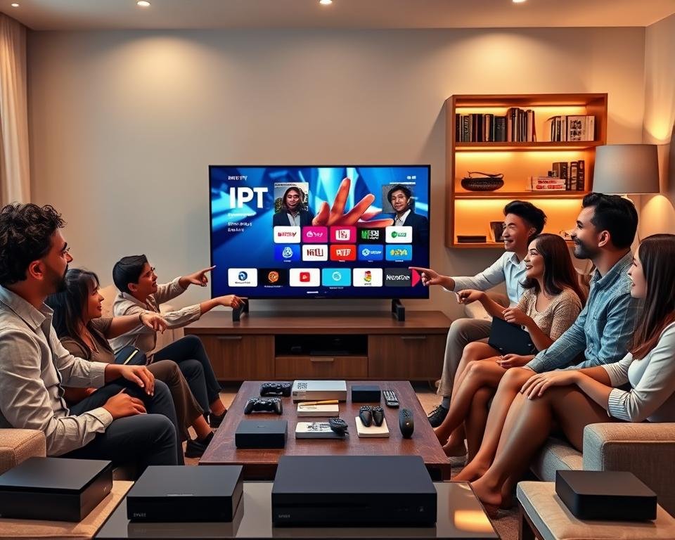 A modern living room setting featuring a sleek smart TV displaying a vibrant IPTV interface, surrounded by a variety of streaming devices like a streaming box, smart speakers, and a gaming console. In the foreground, a diverse group of individuals of various ethnicities dressed in casual professional attire, such as collared shirts and dresses, are comfortably seated on a stylish sofa, pointing towards the TV with expressions of interest. The middle ground includes a coffee table with an assortment of remote controls and devices, while the background shows a cozy ambiance with soft, warm lighting, highlighting shelves filled with books and decorative items. The scene captures a friendly and engaging atmosphere, emphasizing the compatibility of streaming devices. A modern living room setting featuring a sleek smart TV displaying a vibrant IPTV interface, surrounded by a variety of streaming devices like a streaming box, smart speakers, and a gaming console. In the foreground, a diverse group of individuals of various ethnicities dressed in casual professional attire, such as collared shirts and dresses, are comfortably seated on a stylish sofa, pointing towards the TV with expressions of interest. The middle ground includes a coffee table with an assortment of remote controls and devices, while the background shows a cozy ambiance with soft, warm lighting, highlighting shelves filled with books and decorative items. The scene captures a friendly and engaging atmosphere, emphasizing the compatibility of streaming devices.