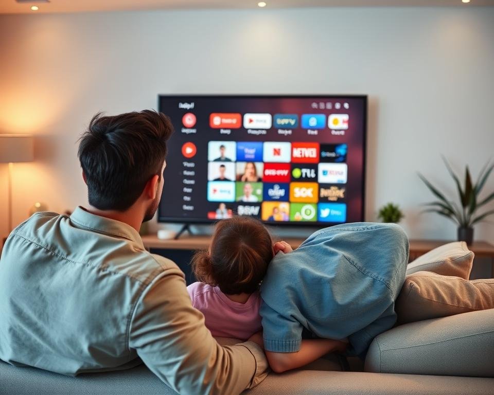 A modern living room setting, showcasing a family comfortably watching an IPTV service on a large flat-screen television. The foreground features a couple and their child, dressed in casual but neat clothing, expressing joy and engagement as they watch their favorite show. In the middle, the sleek TV displays an attractive interface of various channels, glowing softly in warm light. The background includes a cozy sofa, decorative plants, and soft lighting that creates an inviting atmosphere. The scene should evoke a sense of satisfaction and excitement about IPTV services, with natural colors and a well-lit environment that enhances the mood of family bonding and entertainment. A modern living room setting, showcasing a family comfortably watching an IPTV service on a large flat-screen television. The foreground features a couple and their child, dressed in casual but neat clothing, expressing joy and engagement as they watch their favorite show. In the middle, the sleek TV displays an attractive interface of various channels, glowing softly in warm light. The background includes a cozy sofa, decorative plants, and soft lighting that creates an inviting atmosphere. The scene should evoke a sense of satisfaction and excitement about IPTV services, with natural colors and a well-lit environment that enhances the mood of family bonding and entertainment.