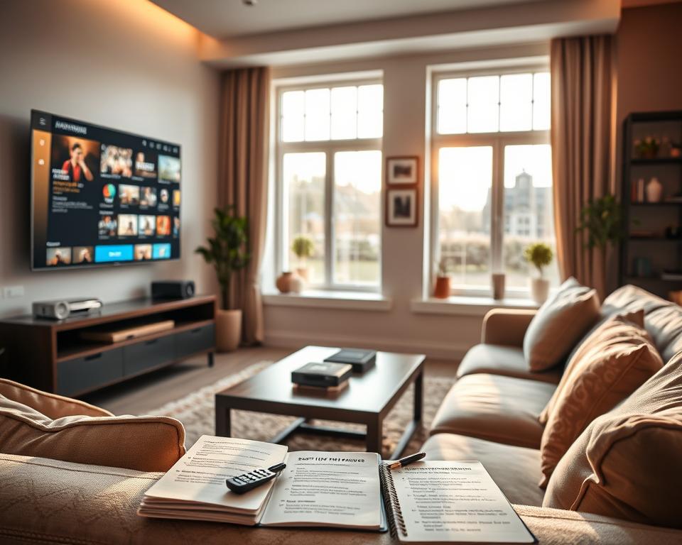 A modern living room setting, showcasing a sleek entertainment system displaying various IPTV streaming options on a large flat-screen TV. In the foreground, a comfortable couch with stylish cushions invites relaxation, while a coffee table holds a remote control and a notepad filled with notes on subscription features. In the middle ground, a large window with natural sunlight streaming in creates a warm and inviting atmosphere. On the wall, framed digital art enhances the ambiance. The background features subtle hints of home decor, like potted plants and bookshelves, suggesting a cozy yet sophisticated environment. The scene conveys a sense of modern living and entertainment, with soft lighting and a focus on user-friendly technology. The image should evoke the ease and enjoyment of premium streaming services, ensuring a pleasant viewing experience. A modern living room setting, showcasing a sleek entertainment system displaying various IPTV streaming options on a large flat-screen TV. In the foreground, a comfortable couch with stylish cushions invites relaxation, while a coffee table holds a remote control and a notepad filled with notes on subscription features. In the middle ground, a large window with natural sunlight streaming in creates a warm and inviting atmosphere. On the wall, framed digital art enhances the ambiance. The background features subtle hints of home decor, like potted plants and bookshelves, suggesting a cozy yet sophisticated environment. The scene conveys a sense of modern living and entertainment, with soft lighting and a focus on user-friendly technology. The image should evoke the ease and enjoyment of premium streaming services, ensuring a pleasant viewing experience.