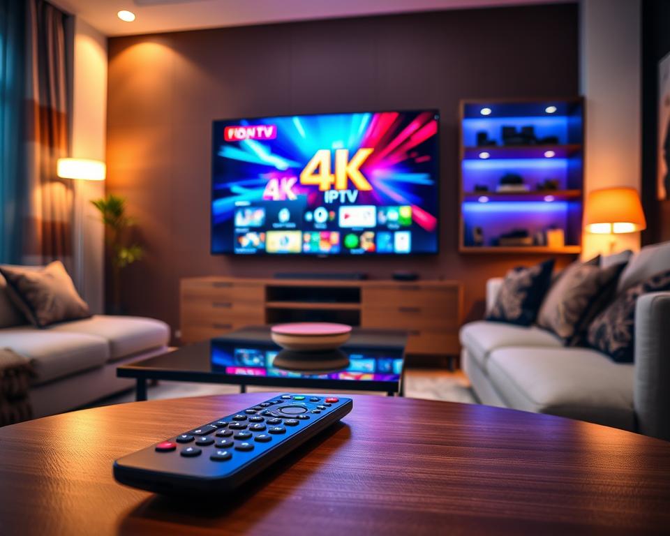 A modern living room setting, showcasing a stylish flat-screen TV prominently displaying a vivid 4K IPTV channel with vibrant colors. In the foreground, a sleek remote control rests on a contemporary coffee table, surrounded by a cozy atmosphere with soft lighting. The middle ground features a comfortable sofa with decorative cushions, emphasizing relaxation and entertainment. In the background, a shelf displays various tech gadgets, hinting at modern living. Bright, warm lighting creates an inviting mood, with soft shadows enhancing the three-dimensional feel of the space. The angle is from a slightly elevated position, capturing the overall ambiance of home entertainment. A modern living room setting, showcasing a stylish flat-screen TV prominently displaying a vivid 4K IPTV channel with vibrant colors. In the foreground, a sleek remote control rests on a contemporary coffee table, surrounded by a cozy atmosphere with soft lighting. The middle ground features a comfortable sofa with decorative cushions, emphasizing relaxation and entertainment. In the background, a shelf displays various tech gadgets, hinting at modern living. Bright, warm lighting creates an inviting mood, with soft shadows enhancing the three-dimensional feel of the space. The angle is from a slightly elevated position, capturing the overall ambiance of home entertainment.