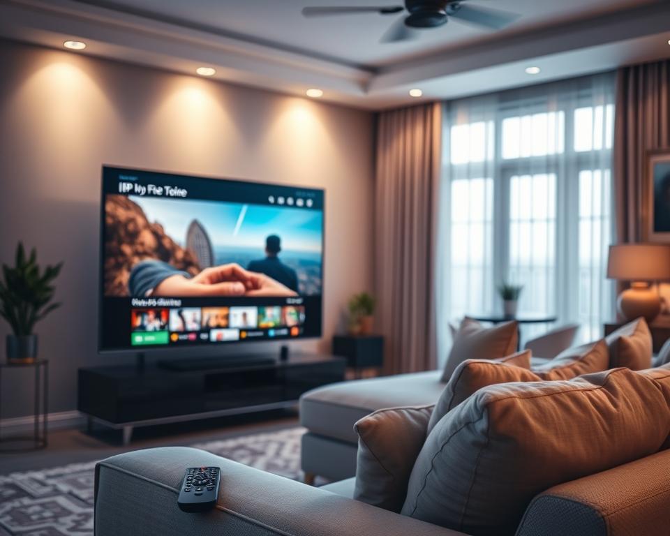 A modern living room setting showcasing premium IPTV streaming service quality. In the foreground, a sleek, high-definition television displays vibrant streaming content, with a stylish remote control nearby. The middle layer features a cozy sofa adorned with plush cushions, inviting viewers to relax and engage with the entertainment. In the background, soft ambient lighting creates a warm and inviting atmosphere, highlighting elegant decor and framed artwork. Large windows allow gentle natural light to filter in, enhancing the room's elegance. The mood conveys luxury and comfort, emphasizing an exceptional viewing experience. The image should be well-composed, with a focus on clarity and detail, creating an ambiance of premium service without any text or distractions. A modern living room setting showcasing premium IPTV streaming service quality. In the foreground, a sleek, high-definition television displays vibrant streaming content, with a stylish remote control nearby. The middle layer features a cozy sofa adorned with plush cushions, inviting viewers to relax and engage with the entertainment. In the background, soft ambient lighting creates a warm and inviting atmosphere, highlighting elegant decor and framed artwork. Large windows allow gentle natural light to filter in, enhancing the room's elegance. The mood conveys luxury and comfort, emphasizing an exceptional viewing experience. The image should be well-composed, with a focus on clarity and detail, creating an ambiance of premium service without any text or distractions.