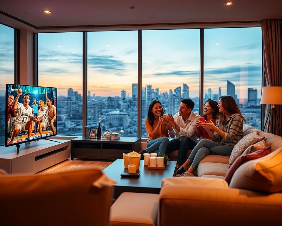 A modern living room setting showcasing the advantages of IPTV in 2024. In the foreground, a stylish flat-screen TV displays vibrant streaming content, surrounded by a comfortable sofa and a coffee table with popcorn and drinks. In the middle, a group of four diverse friends, dressed in casual but professional attire, are enjoying a game night, laughing and cheering, clearly engaged with the TV. Soft, warm lighting enhances a cozy atmosphere, with a large window in the background revealing a city skyline at dusk. The scene captures the joy and social connection brought by IPTV subscriptions, emphasizing entertainment and shared experiences in a contemporary home. The angle is slightly elevated, providing a panoramic view that blends the warmth of the home with the excitement of modern technology. A modern living room setting showcasing the advantages of IPTV in 2024. In the foreground, a stylish flat-screen TV displays vibrant streaming content, surrounded by a comfortable sofa and a coffee table with popcorn and drinks. In the middle, a group of four diverse friends, dressed in casual but professional attire, are enjoying a game night, laughing and cheering, clearly engaged with the TV. Soft, warm lighting enhances a cozy atmosphere, with a large window in the background revealing a city skyline at dusk. The scene captures the joy and social connection brought by IPTV subscriptions, emphasizing entertainment and shared experiences in a contemporary home. The angle is slightly elevated, providing a panoramic view that blends the warmth of the home with the excitement of modern technology.