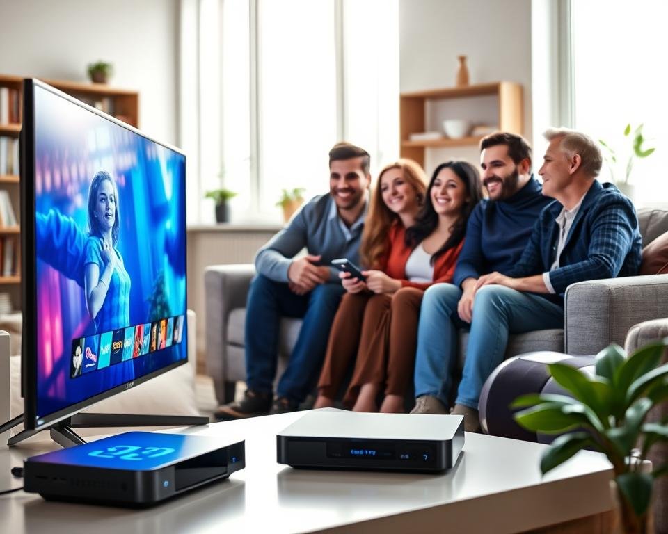 A modern living room setting showcasing the advantages of IPTV subscription. In the foreground, a sleek smart TV displaying vibrant, high-definition streaming content. To the side, a user-friendly streaming device with a glowing interface. In the middle, a family of four, dressed in smart casual attire, enjoying their viewing experience together on a comfortable sofa, with one person holding a remote. Natural light pours in through large windows, enhancing the warm and inviting atmosphere. In the background, shelves filled with DVDs and decor add a personal touch, while a subtle green plant brings life to the scene. The overall mood is friendly and engaging, emphasizing the exceptional quality and benefits of IPTV services. A modern living room setting showcasing the advantages of IPTV subscription. In the foreground, a sleek smart TV displaying vibrant, high-definition streaming content. To the side, a user-friendly streaming device with a glowing interface. In the middle, a family of four, dressed in smart casual attire, enjoying their viewing experience together on a comfortable sofa, with one person holding a remote. Natural light pours in through large windows, enhancing the warm and inviting atmosphere. In the background, shelves filled with DVDs and decor add a personal touch, while a subtle green plant brings life to the scene. The overall mood is friendly and engaging, emphasizing the exceptional quality and benefits of IPTV services.