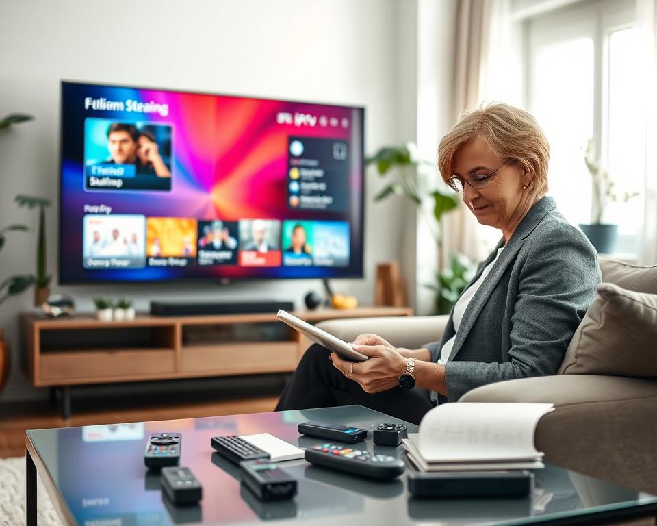 A modern living room setting with a large Smart TV displaying a vibrant IPTV streaming interface. In the foreground, a middle-aged woman in business casual attire is seated on a comfortable sofa, intently troubleshooting common streaming issues on her tablet. She has a focused expression, emphasizing her problem-solving approach. The middle ground features a sleek coffee table cluttered with various remote controls and a notepad with troubleshooting notes. In the background, bright natural light streams through a window, illuminating the cozy space filled with houseplants and minimalistic decor. The overall mood is one of determination and clarity, capturing a moment of technological interaction and resolution. A modern living room setting with a large Smart TV displaying a vibrant IPTV streaming interface. In the foreground, a middle-aged woman in business casual attire is seated on a comfortable sofa, intently troubleshooting common streaming issues on her tablet. She has a focused expression, emphasizing her problem-solving approach. The middle ground features a sleek coffee table cluttered with various remote controls and a notepad with troubleshooting notes. In the background, bright natural light streams through a window, illuminating the cozy space filled with houseplants and minimalistic decor. The overall mood is one of determination and clarity, capturing a moment of technological interaction and resolution.