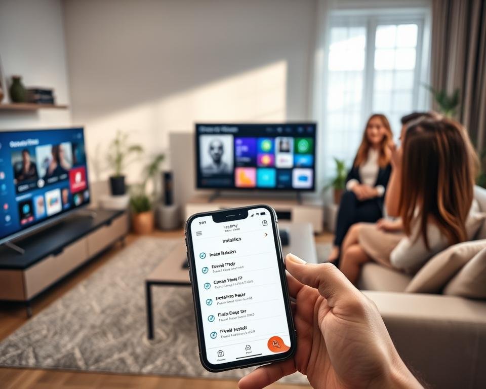 A modern living room setting with a sleek Smart TV displaying the interface of an IPTV application. In the foreground, a diverse group of three people (a man and two women) is gathered around a coffee table, discussing installation prerequisites. They are dressed in smart casual attire, exuding a professional yet relaxed vibe. The middle layer shows a close-up of a smartphone showcasing the IPTV Smarter Pro app, with installation checklists and icons visible. The background features a well-lit room with contemporary decor, including a comfortable sofa and potted plants, conveying a warm and inviting atmosphere. Soft, natural lighting streams through a window, highlighting the interaction among the group and creating a focused, collaborative mood. A modern living room setting with a sleek Smart TV displaying the interface of an IPTV application. In the foreground, a diverse group of three people (a man and two women) is gathered around a coffee table, discussing installation prerequisites. They are dressed in smart casual attire, exuding a professional yet relaxed vibe. The middle layer shows a close-up of a smartphone showcasing the IPTV Smarter Pro app, with installation checklists and icons visible. The background features a well-lit room with contemporary decor, including a comfortable sofa and potted plants, conveying a warm and inviting atmosphere. Soft, natural lighting streams through a window, highlighting the interaction among the group and creating a focused, collaborative mood.