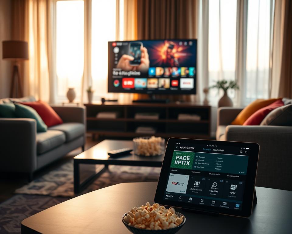 A modern living room setting with a sleek, stylish television displaying a vibrant streaming interface. The foreground features a comfortable couch adorned with colorful cushions, inviting viewers to relax. In the middle, a sleek coffee table holds a remote control, popcorn, and a tablet showing different subscription options for IPTV services. In the background, a large window with soft curtains lets in warm, natural light, creating an inviting atmosphere. The scene captures a cozy, contemporary feel, emphasizing the luxurious experience of streaming entertainment at home. The overall mood should be warm and welcoming, highlighting the abundance of streaming choices available for IPTV subscribers in France. A modern living room setting with a sleek, stylish television displaying a vibrant streaming interface. The foreground features a comfortable couch adorned with colorful cushions, inviting viewers to relax. In the middle, a sleek coffee table holds a remote control, popcorn, and a tablet showing different subscription options for IPTV services. In the background, a large window with soft curtains lets in warm, natural light, creating an inviting atmosphere. The scene captures a cozy, contemporary feel, emphasizing the luxurious experience of streaming entertainment at home. The overall mood should be warm and welcoming, highlighting the abundance of streaming choices available for IPTV subscribers in France.