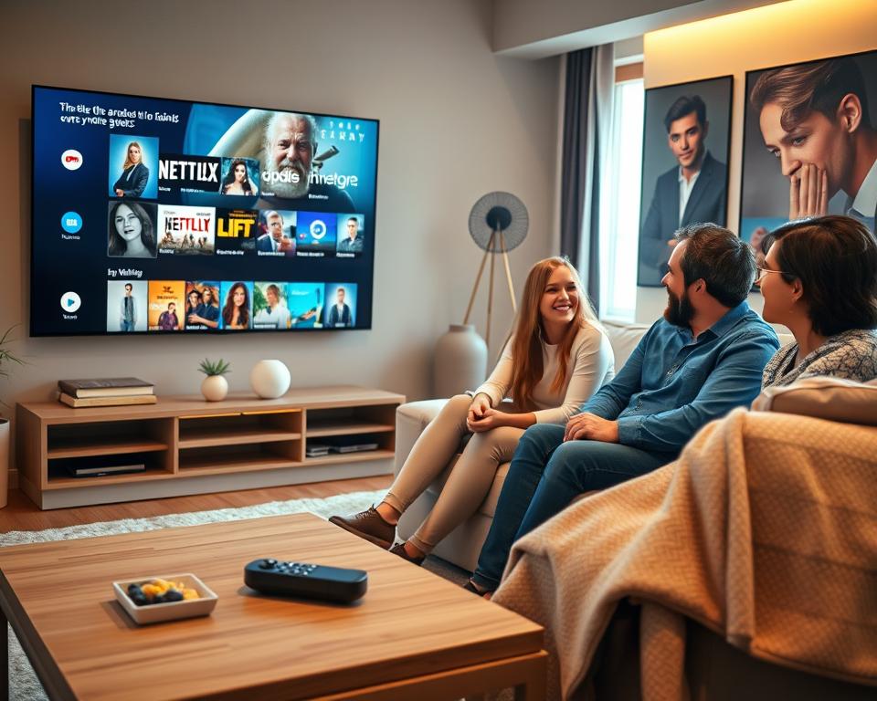 A modern living room setting with a sleek television displaying a vibrant streaming interface, showcasing various movie and show options. In the foreground, a stylish coffee table has a remote control, snacks, and a cozy blanket draped over the couch, exuding a relaxed atmosphere. The middle ground features a diverse group of three people—two adults and a teenager—enthusiastically discussing what to watch next, all dressed in casual but tidy clothing. Soft, warm lighting fills the room, with gentle sunlight filtering in from a window, creating a welcoming ambiance. The background is adorned with elegant posters of popular films and series, emphasizing the advantages of a premium streaming subscription. The overall mood is inviting and engaging, highlighting the joy of shared viewing experiences. A modern living room setting with a sleek television displaying a vibrant streaming interface, showcasing various movie and show options. In the foreground, a stylish coffee table has a remote control, snacks, and a cozy blanket draped over the couch, exuding a relaxed atmosphere. The middle ground features a diverse group of three people—two adults and a teenager—enthusiastically discussing what to watch next, all dressed in casual but tidy clothing. Soft, warm lighting fills the room, with gentle sunlight filtering in from a window, creating a welcoming ambiance. The background is adorned with elegant posters of popular films and series, emphasizing the advantages of a premium streaming subscription. The overall mood is inviting and engaging, highlighting the joy of shared viewing experiences.