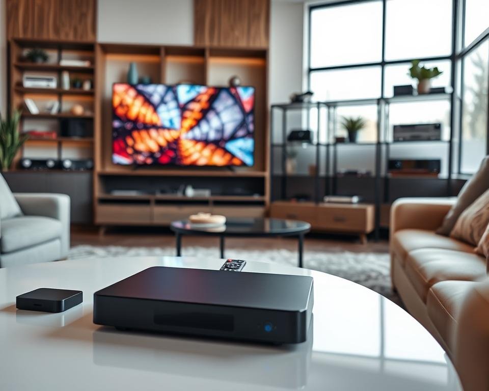 A modern living room setup designed for optimized IPTV streaming, prominently featuring a sleek, smart TV displaying vivid, high-definition content. In the foreground, a stylish coffee table holds a streaming device and remote controls, while in the middle, a comfortable sofa is arranged for ideal viewing. In the background, a well-organized shelf showcases various technological devices, blending seamlessly with contemporary decor. Natural light filters through large windows, enhancing the relaxed and inviting atmosphere. The image conveys a sense of sophistication and technology, emphasizing efficiency and ease of use in optimizing your streaming experience. Use a soft focus to create a warm and homely mood, capturing the essence of a perfect entertainment space. A modern living room setup designed for optimized IPTV streaming, prominently featuring a sleek, smart TV displaying vivid, high-definition content. In the foreground, a stylish coffee table holds a streaming device and remote controls, while in the middle, a comfortable sofa is arranged for ideal viewing. In the background, a well-organized shelf showcases various technological devices, blending seamlessly with contemporary decor. Natural light filters through large windows, enhancing the relaxed and inviting atmosphere. The image conveys a sense of sophistication and technology, emphasizing efficiency and ease of use in optimizing your streaming experience. Use a soft focus to create a warm and homely mood, capturing the essence of a perfect entertainment space.