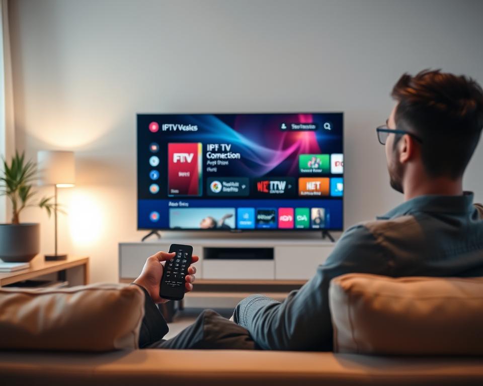 A modern living room setup featuring a sleek Smart TV displaying an IPTV connection interface. In the foreground, a person in smart casual attire is seated comfortably on a stylish couch, holding a remote control, with a focused expression. The middle ground shows the Smart TV clearly showcasing the IPTV application, with a vibrant and visually appealing user interface. In the background, soft ambient lighting creates a warm, welcoming atmosphere. The room is decorated with minimalistic furniture and plants, enhancing the modern aesthetic. The scene is captured from a slightly elevated angle, highlighting both the person and the Smart TV, emphasizing the ease of accessing streaming services. The overall mood is relaxed and tech-savvy, perfect for illustrating a tutorial on streaming service connectivity. A modern living room setup featuring a sleek Smart TV displaying an IPTV connection interface. In the foreground, a person in smart casual attire is seated comfortably on a stylish couch, holding a remote control, with a focused expression. The middle ground shows the Smart TV clearly showcasing the IPTV application, with a vibrant and visually appealing user interface. In the background, soft ambient lighting creates a warm, welcoming atmosphere. The room is decorated with minimalistic furniture and plants, enhancing the modern aesthetic. The scene is captured from a slightly elevated angle, highlighting both the person and the Smart TV, emphasizing the ease of accessing streaming services. The overall mood is relaxed and tech-savvy, perfect for illustrating a tutorial on streaming service connectivity.