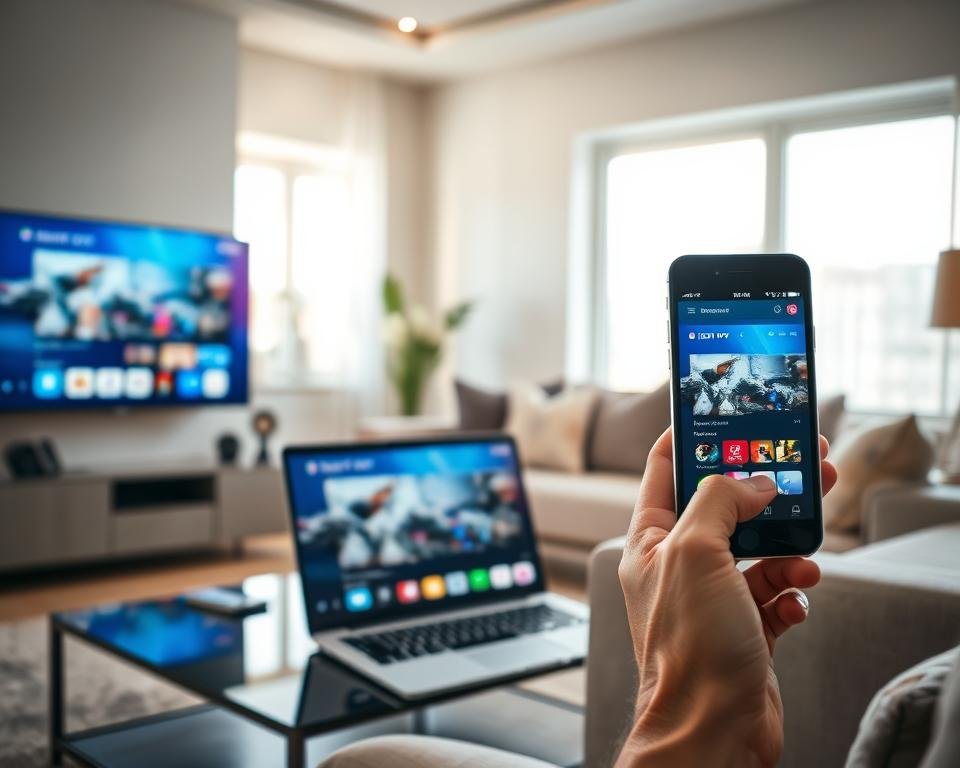 A modern living room setup featuring various devices illustrating compatibility with IPTV. In the foreground, a sleek TV displaying a vibrant streaming interface. A stylish laptop and tablet sit on a coffee table, showcasing the IPTV app interface. A smartphone held in a hand, displaying the same content. In the middle ground, a comfortable couch with neatly arranged cushions, perfect for a cozy viewing experience. The background features a well-lit room with soft natural light streaming through large windows, casting warm reflections. The overall mood is inviting and tech-savvy, emphasizing the theme of multi-device support for IPTV. Use a wide-angle view to capture the harmony between the devices and the room. A modern living room setup featuring various devices illustrating compatibility with IPTV. In the foreground, a sleek TV displaying a vibrant streaming interface. A stylish laptop and tablet sit on a coffee table, showcasing the IPTV app interface. A smartphone held in a hand, displaying the same content. In the middle ground, a comfortable couch with neatly arranged cushions, perfect for a cozy viewing experience. The background features a well-lit room with soft natural light streaming through large windows, casting warm reflections. The overall mood is inviting and tech-savvy, emphasizing the theme of multi-device support for IPTV. Use a wide-angle view to capture the harmony between the devices and the room.